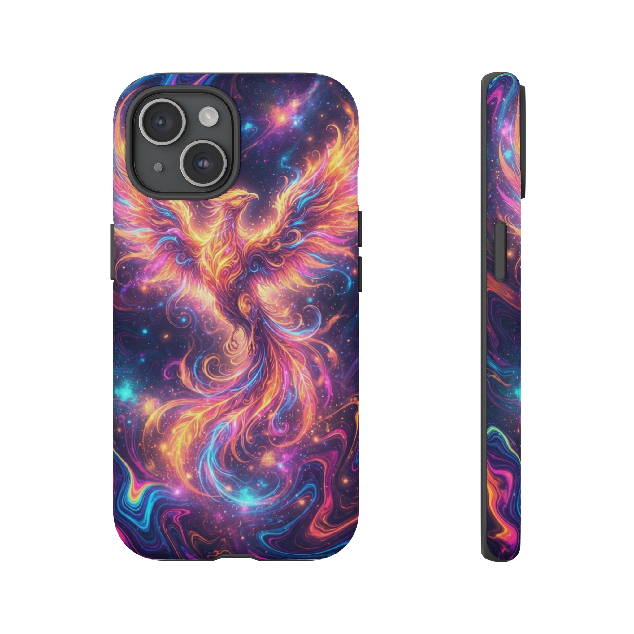 A swirling marble‑like background of vivid neon blues, pinks, and oranges swirls like liquid paint, and rising from its center a stylized phoenix formed from flowing ink ripples, its feathers glowing with electric gradients that pulse outward against the chaotic, luminous canvas.