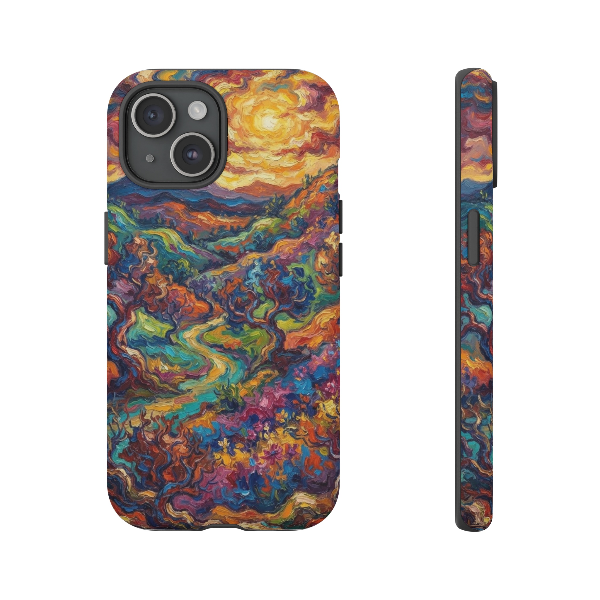 A vivid, untamed landscape of rolling hills and twisted trees rendered in bold, non‑natural colors, with wild, thick brushstrokes that swirl across the canvas, illuminated by a bright, golden light that makes the reds, blues, and oranges clash and dance.