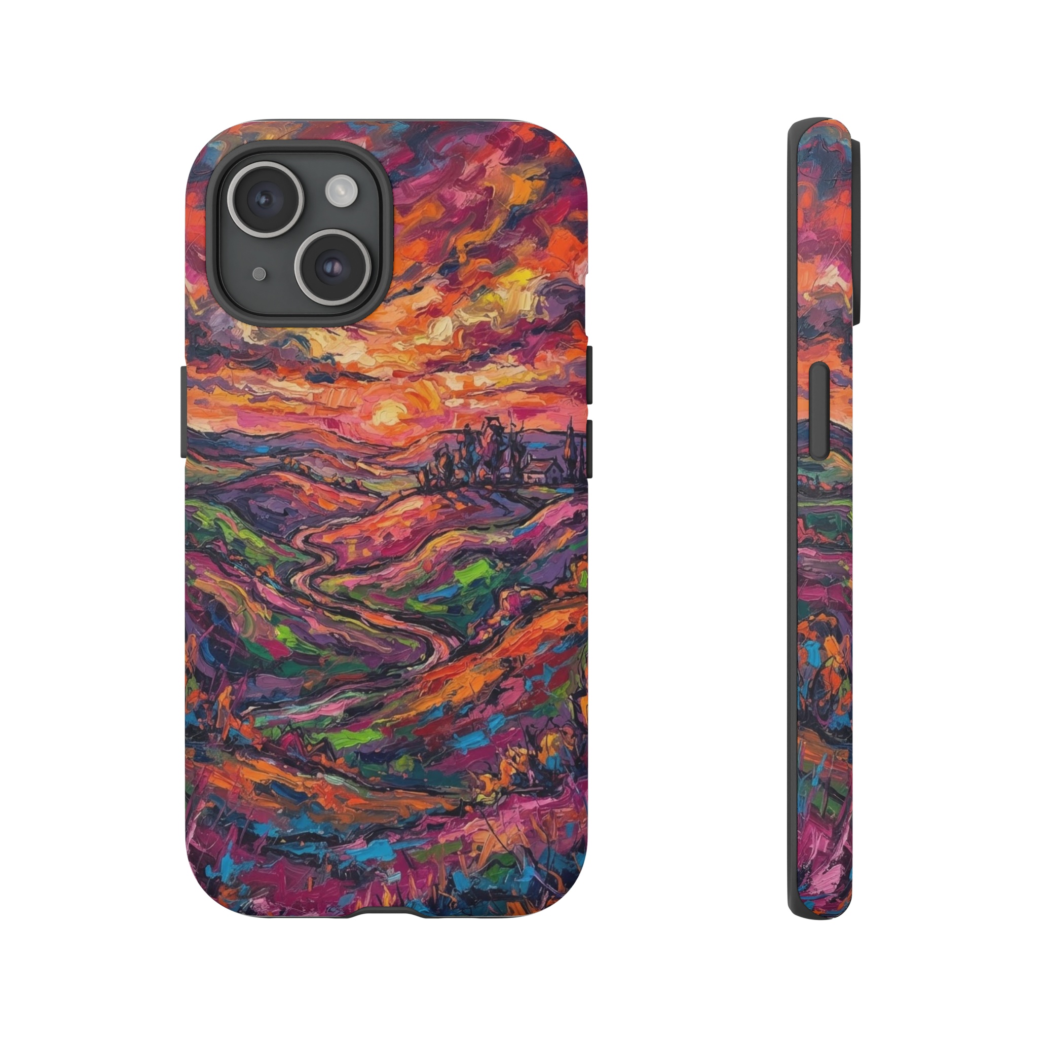 A vivid sunrise over rolling hills, painted with wild, untamed brushstrokes in fierce oranges, magentas, and deep blues, the sky ablaze while the landscape bursts with exaggerated, non‑natural colors.