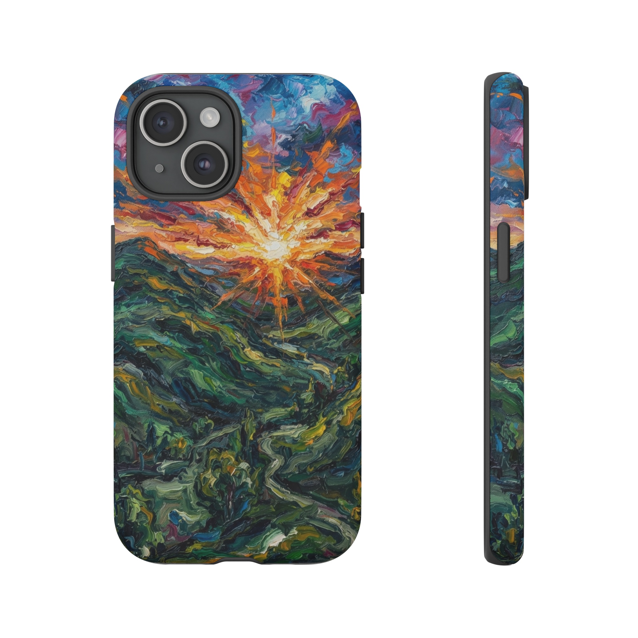A vivid sunrise over rolling hills, rendered in wild, thick brushstrokes of fiery oranges, deep blues, and emerald greens, with the sun blazing across the sky and the landscape melting into the vivid, untamed colors.