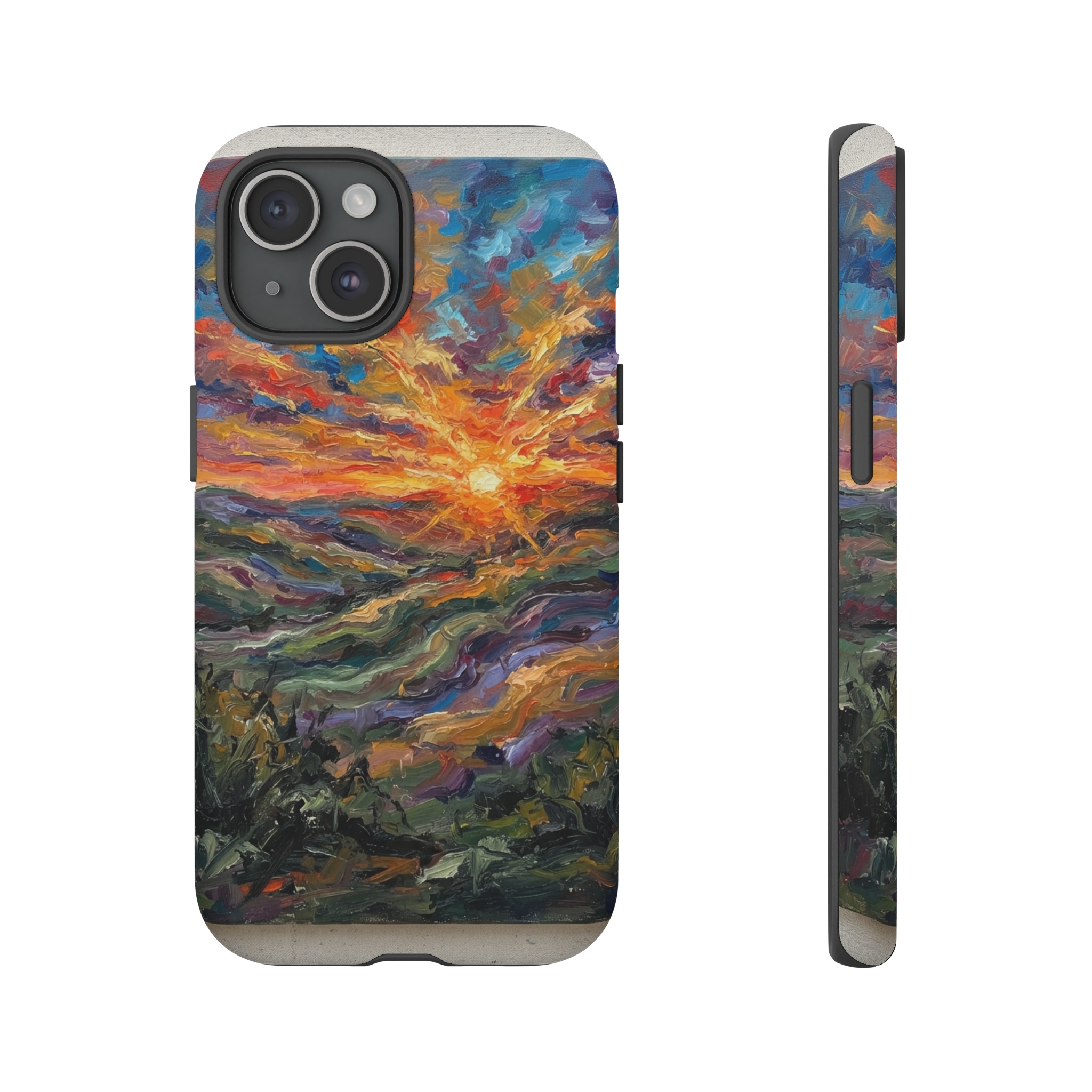 A vivid sunrise over rolling hills, rendered with wild, fierce brushstrokes in bold reds, oranges, and blues, the sun spilling golden light across the sky while the landscape blurs into energetic, expressive color.