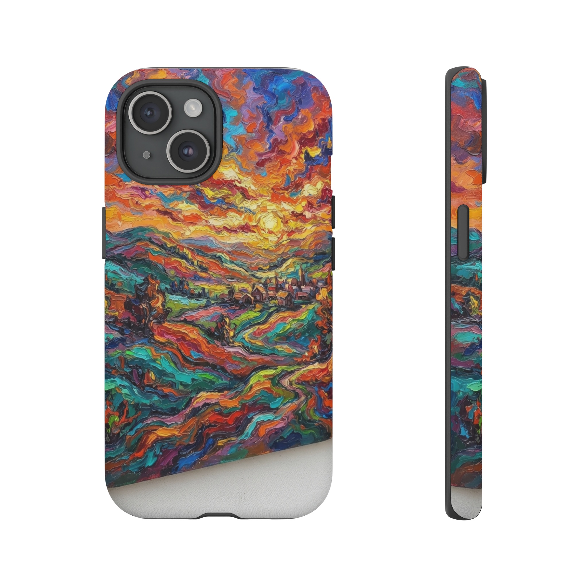 A vibrant sunrise over rolling hills, rendered in wild, thick brushstrokes of fiery oranges, deep reds, and bold blues, with the sky ablaze and the landscape shimmering in exaggerated, non‑natural colors.