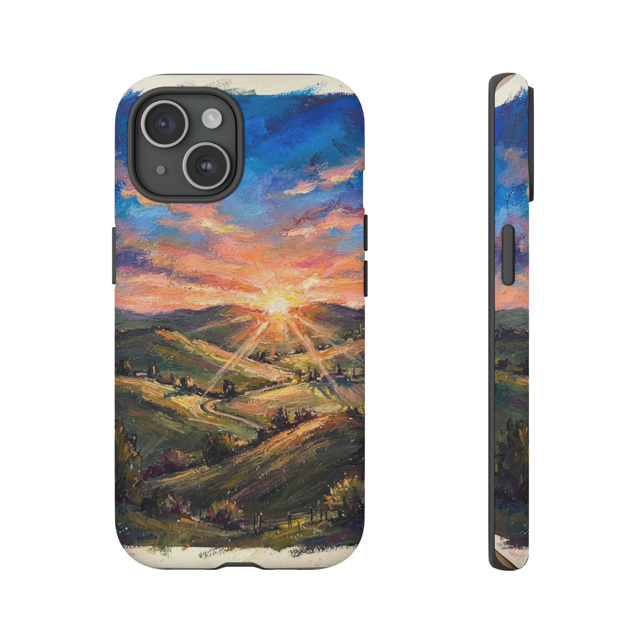 A vivid sunrise over rolling hills, rendered in bold oil pastel strokes that capture glowing orange and pink hues against a deepening blue sky, with the light spilling across the landscape in thick, expressive brushwork.