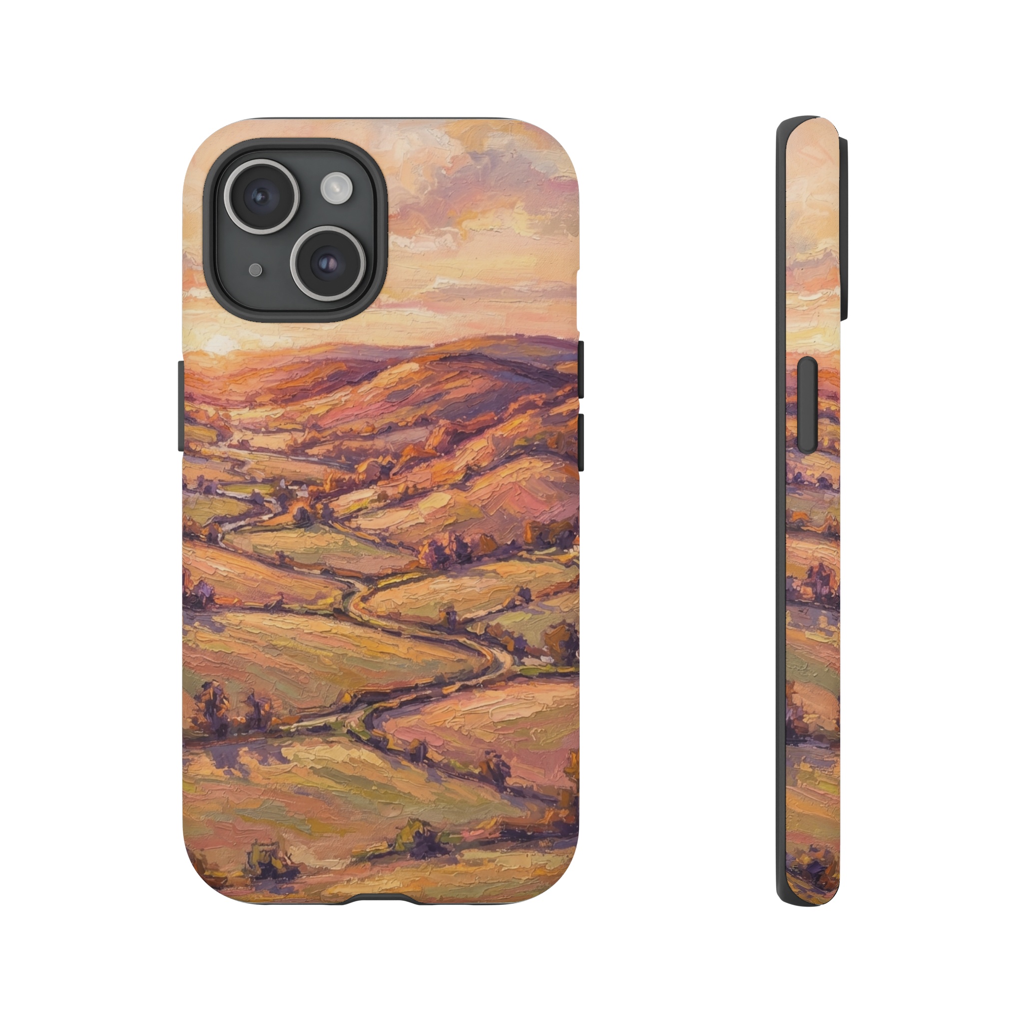 A sweeping lowland scene bathed in the warm glow of sunrise, with rolling hills rendered in loose, thick oil pastel strokes of amber, rose, and deep violet, the light catching the textured brushwork and casting soft shadows across the fields.