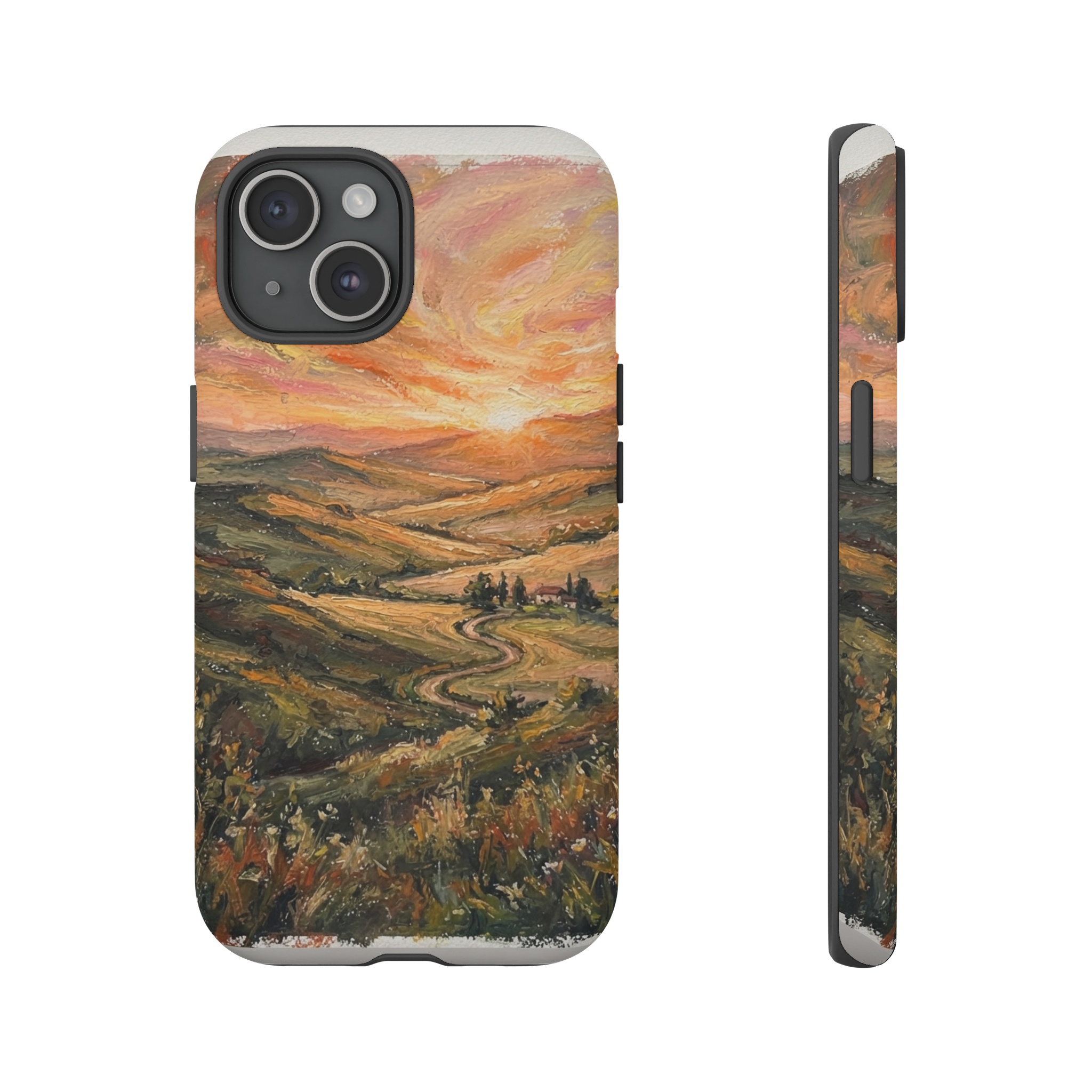 A sweeping sunrise over rolling hills, rendered in thick, expressive oil pastel strokes that capture the glowing orange sky and warm amber light spilling across the landscape.