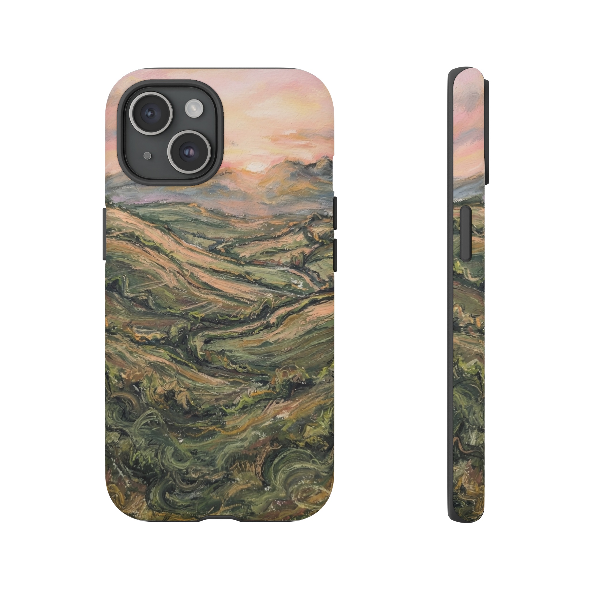A sweeping hillscape bathed in pale orange light, where loose, thick oil pastel strokes suggest a sunrise over distant mountains, the sky a gradient of soft pink and gold, with the foreground rendered in quick, textured swirls of greens and browns.