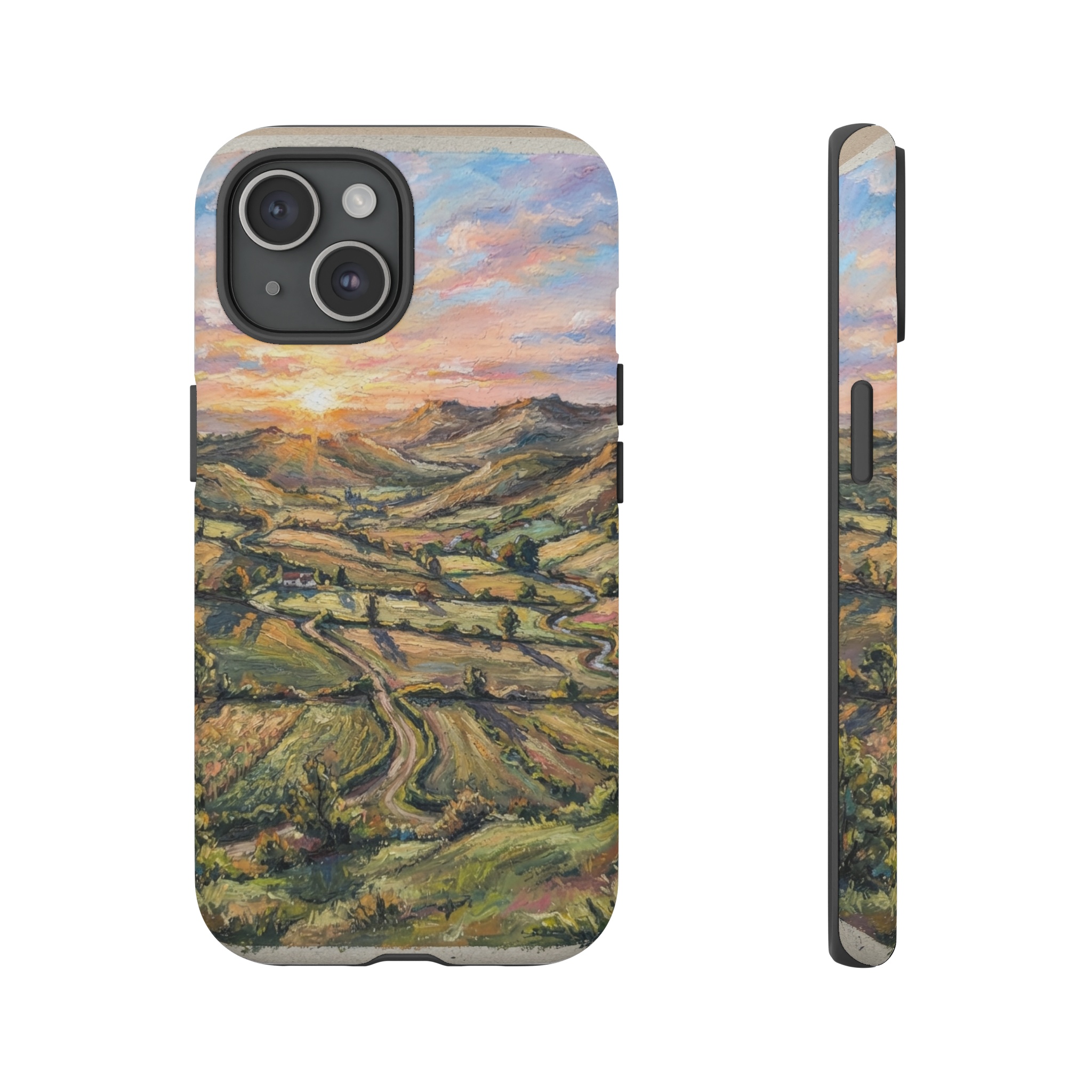 A broad, rolling landscape of gentle hills bathed in the soft, golden light of sunrise, rendered in thick, expressive oil pastel strokes that blend warm oranges, pinks, and muted blues, with the sun just peeking over the horizon casting long, luminous shadows across the scene.