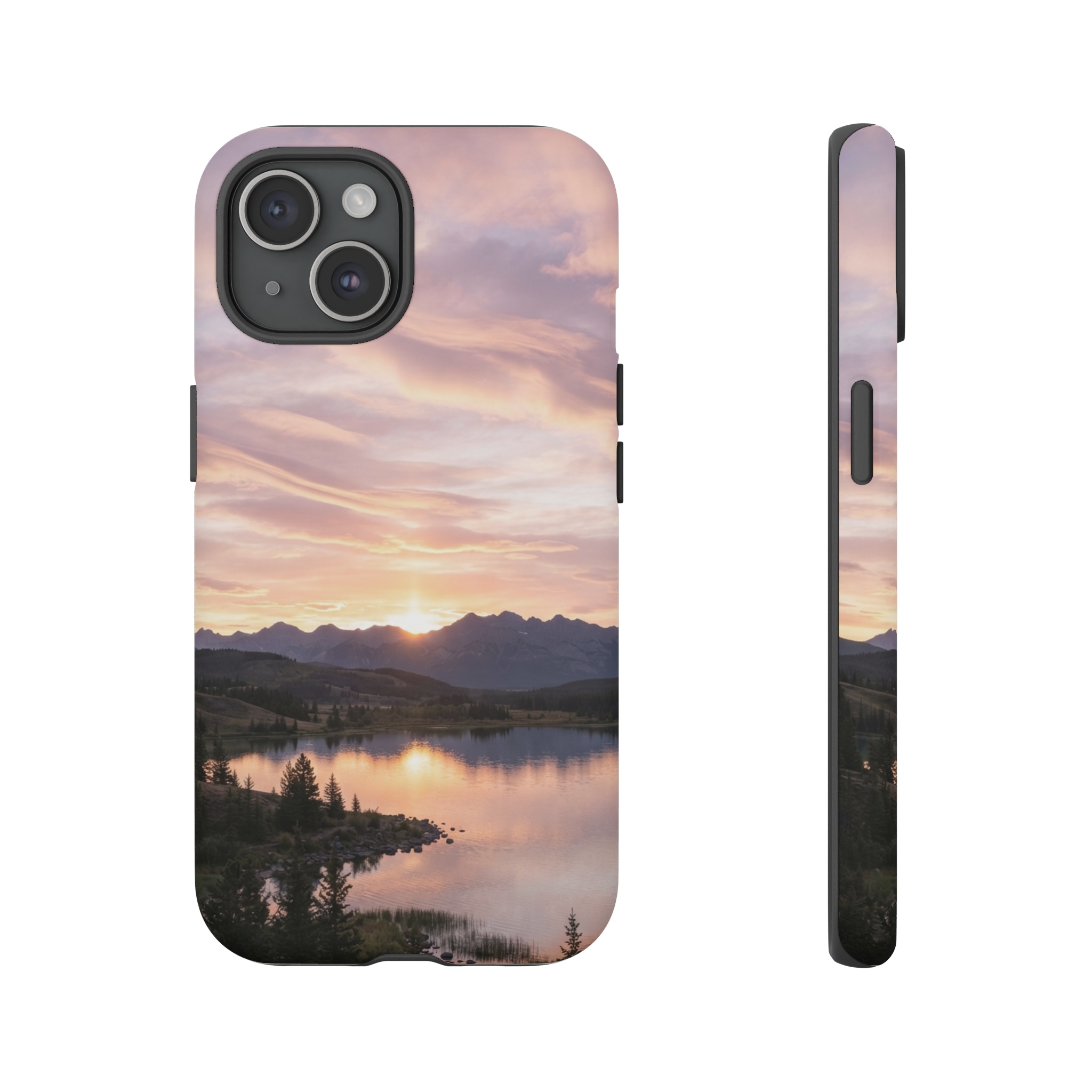 A horizon glows with a vivid sunrise, where layered pastel strokes form sweeping clouds in pink, lavender, and gold, their soft edges catching the warm light of the emerging sun.