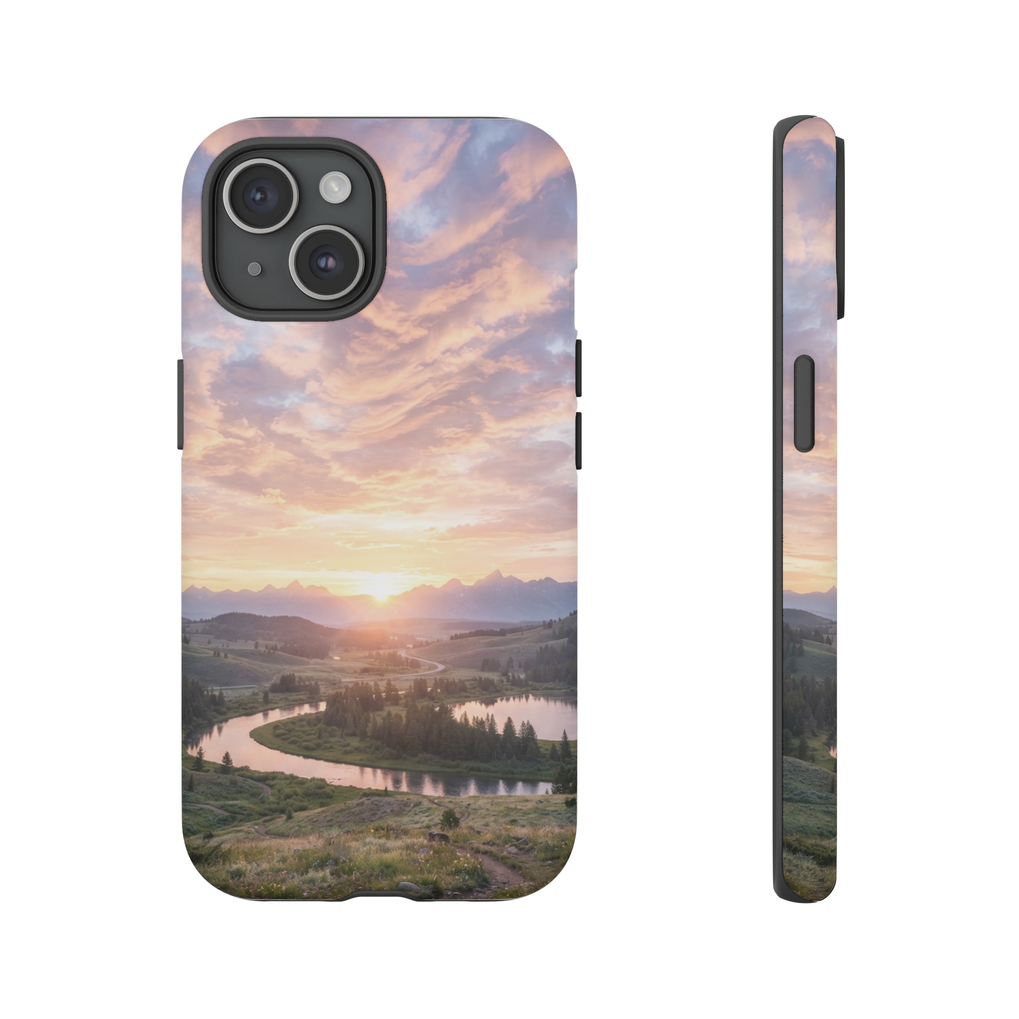A horizon glows with a vivid sunrise, where layered pastel strokes form fluffy clouds that cascade upward in soft pinks, oranges, and lavender, illuminated by gentle golden light.