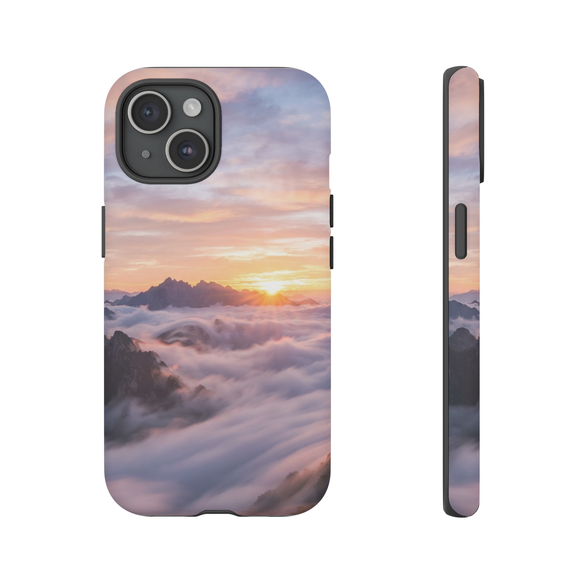 A bright sunrise breaks over rolling clouds, each layer rendered in soft pastel strokes of pink, peach, and lavender, with the light spilling warm gold across the horizon.