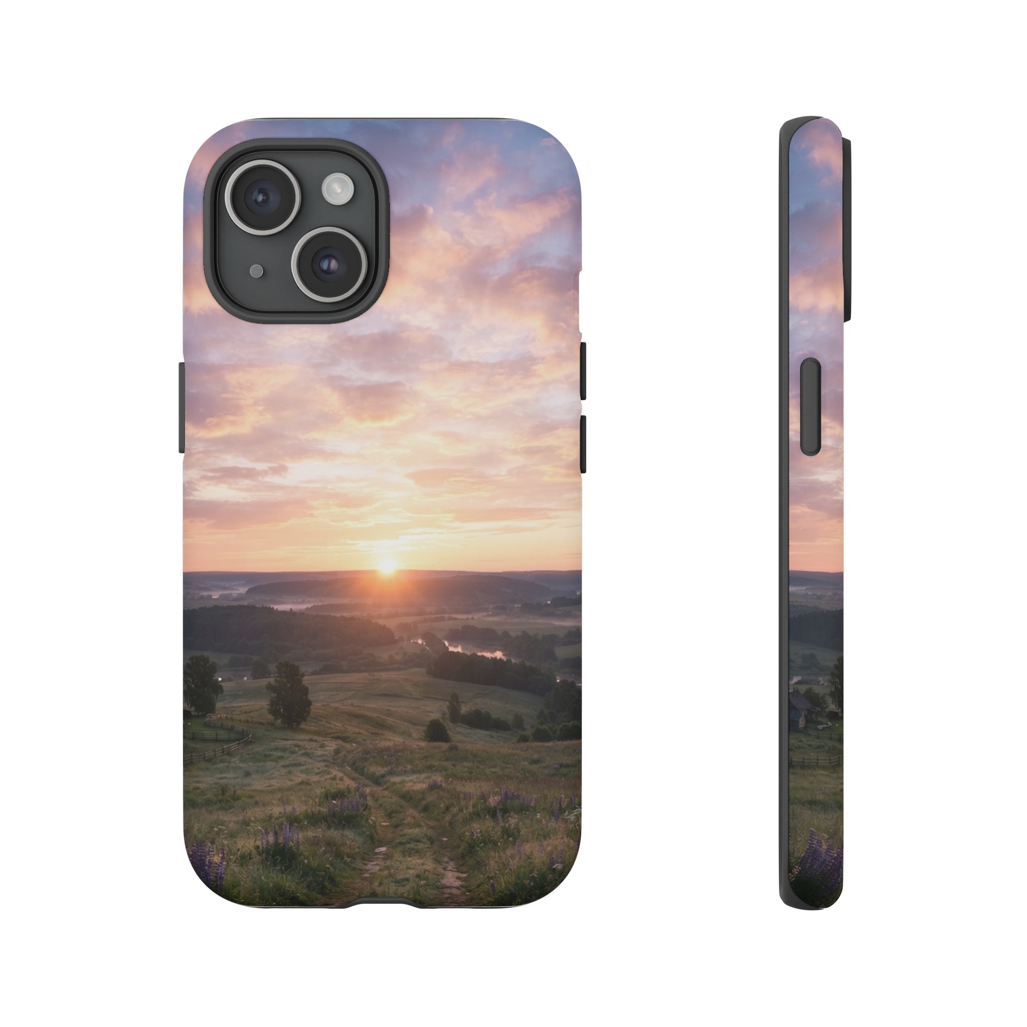 A sweeping horizon glows with a vivid sunrise, where layered pastel strokes form fluffy clouds in soft pinks, lilacs, and golden hues, their edges catching the early light and spilling warm color across the sky.