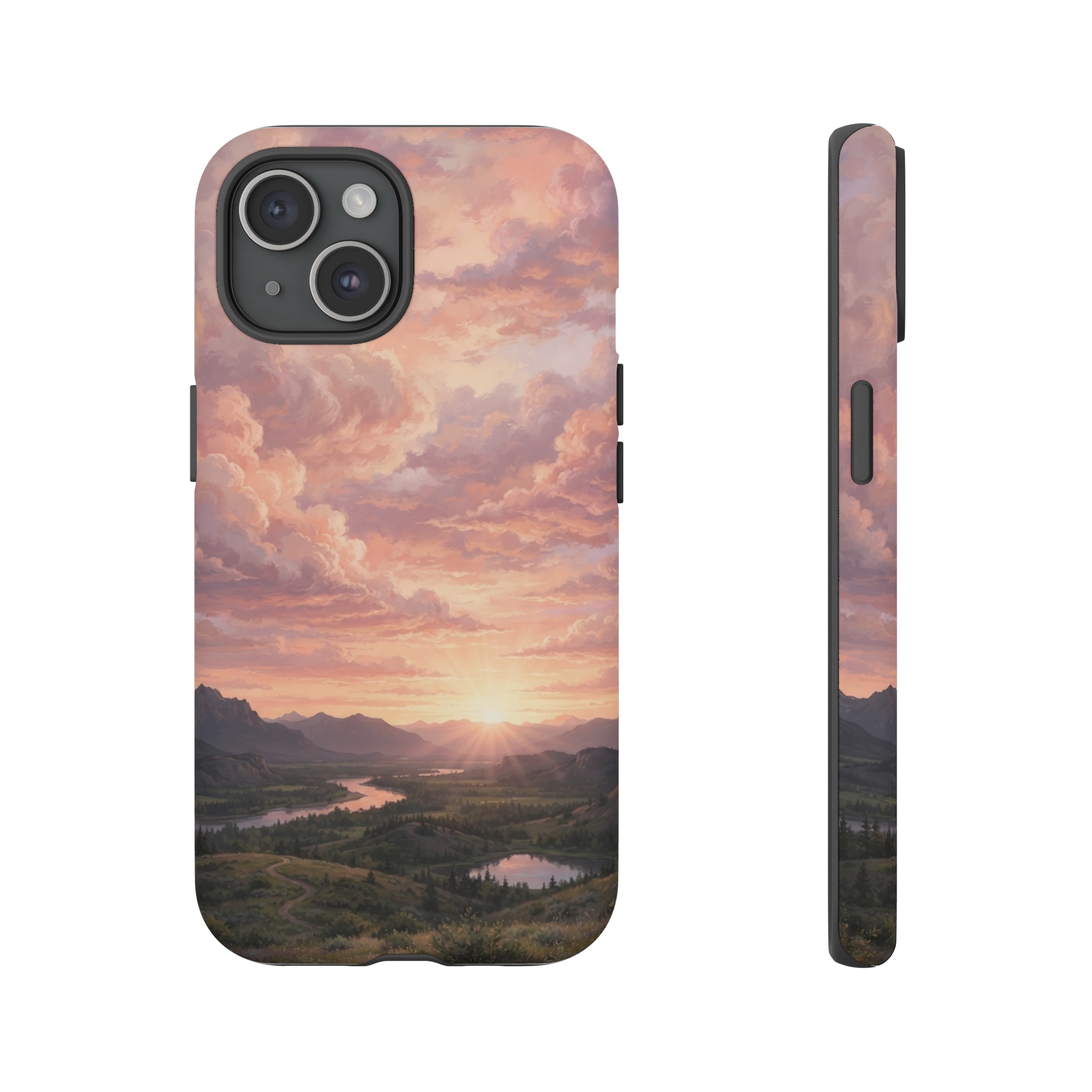 A sunrise sky filled with billowing clouds rendered in layered pastel strokes, glowing pinks, oranges, and lavender hues that blend softly across the horizon.
