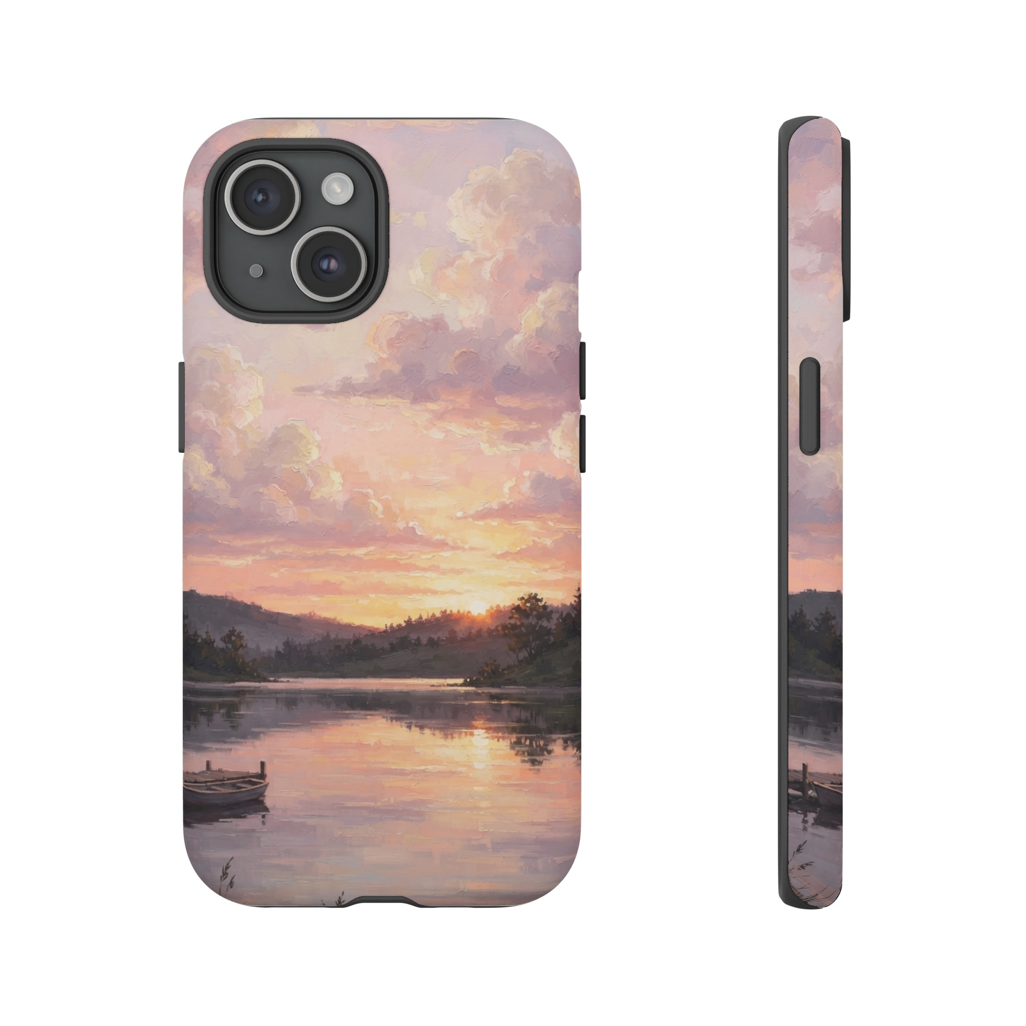 A horizon glows with a vivid sunrise, where layered pastel strokes form fluffy clouds in pink, lavender, and soft gold, their edges gently illuminated by warm morning light.