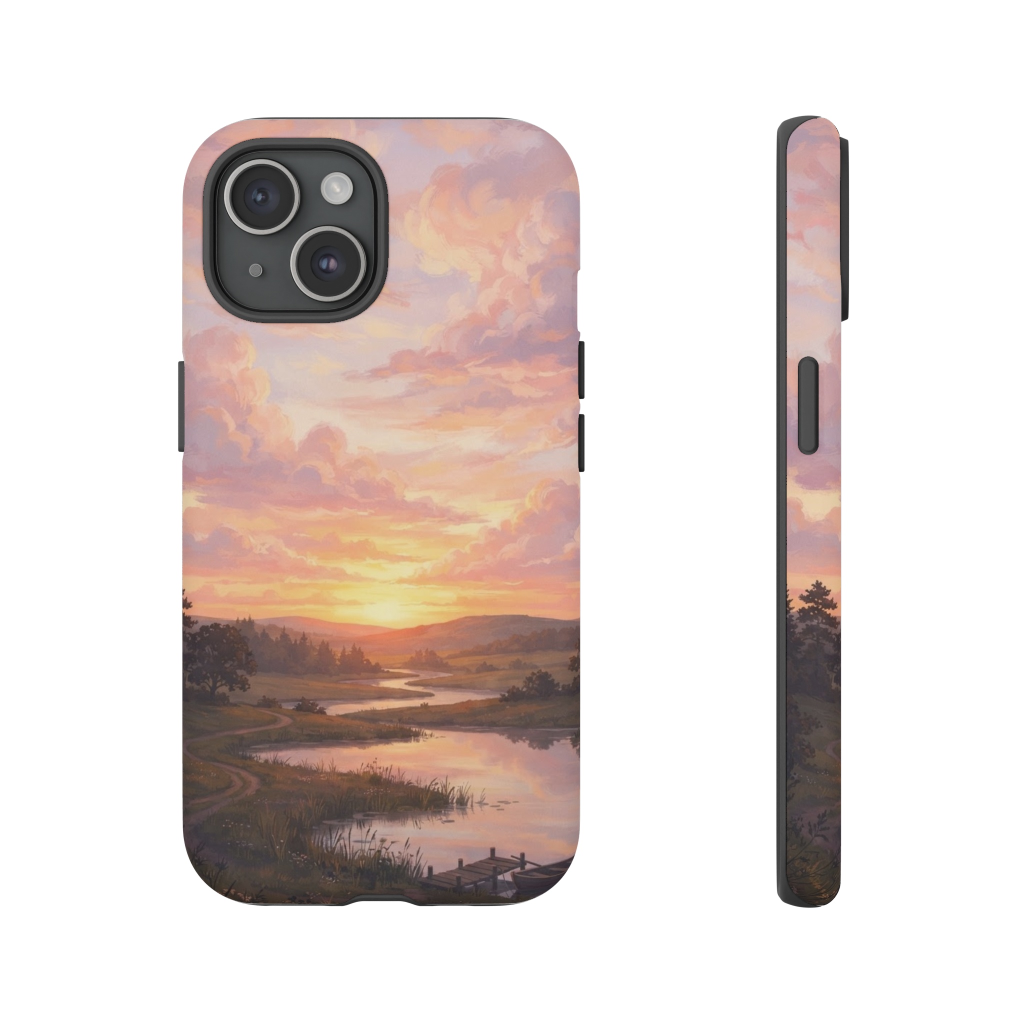 A horizon glows with a vivid sunrise, where layered pastel strokes form soft, billowing clouds that spill warm pinks, oranges, and lavender across the sky.
