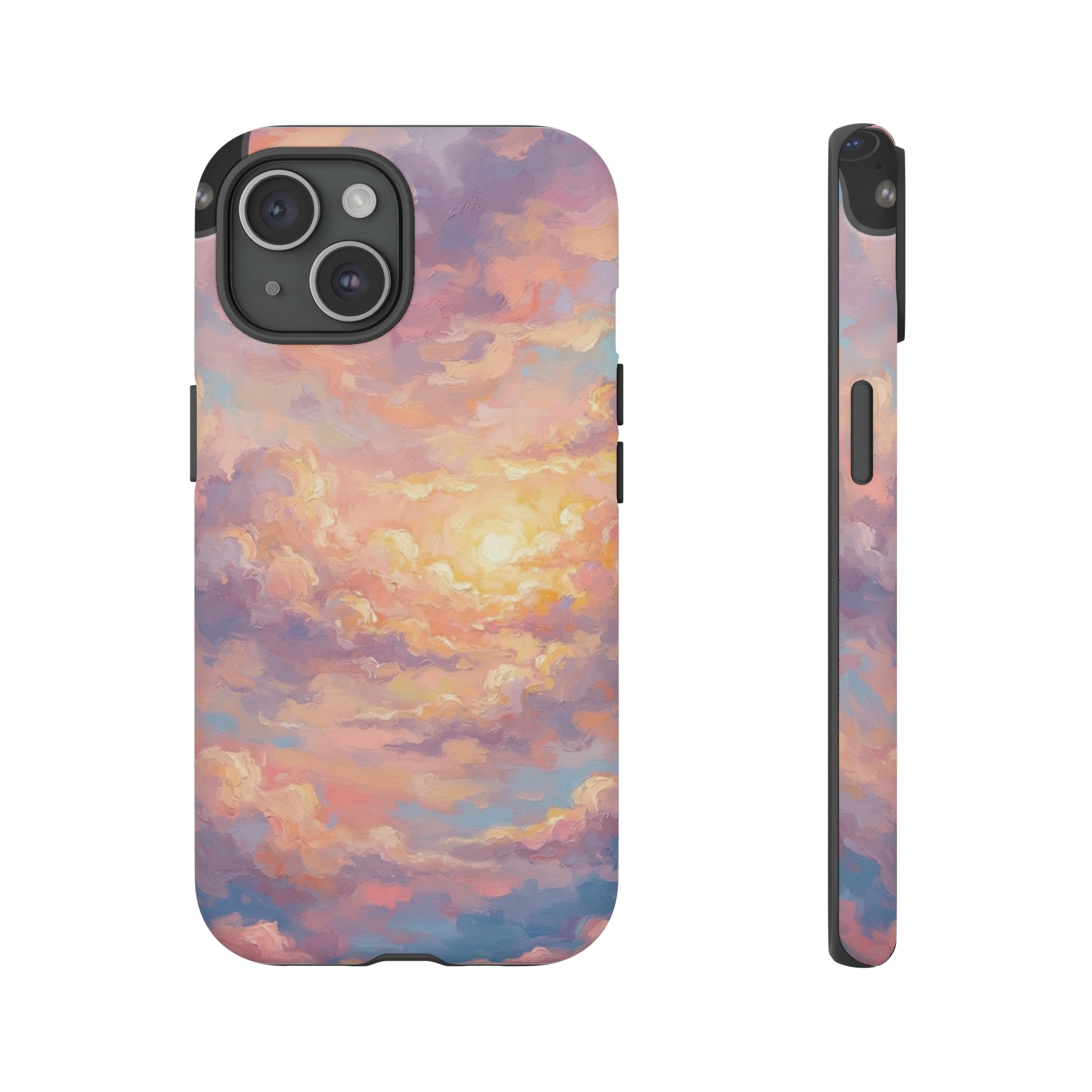 A vivid sunrise sky where soft pastel strokes of pink, orange, and lavender tumble in layered clouds, illuminated by a glowing golden sun peeking through, all rendered in expressive, painterly texture.