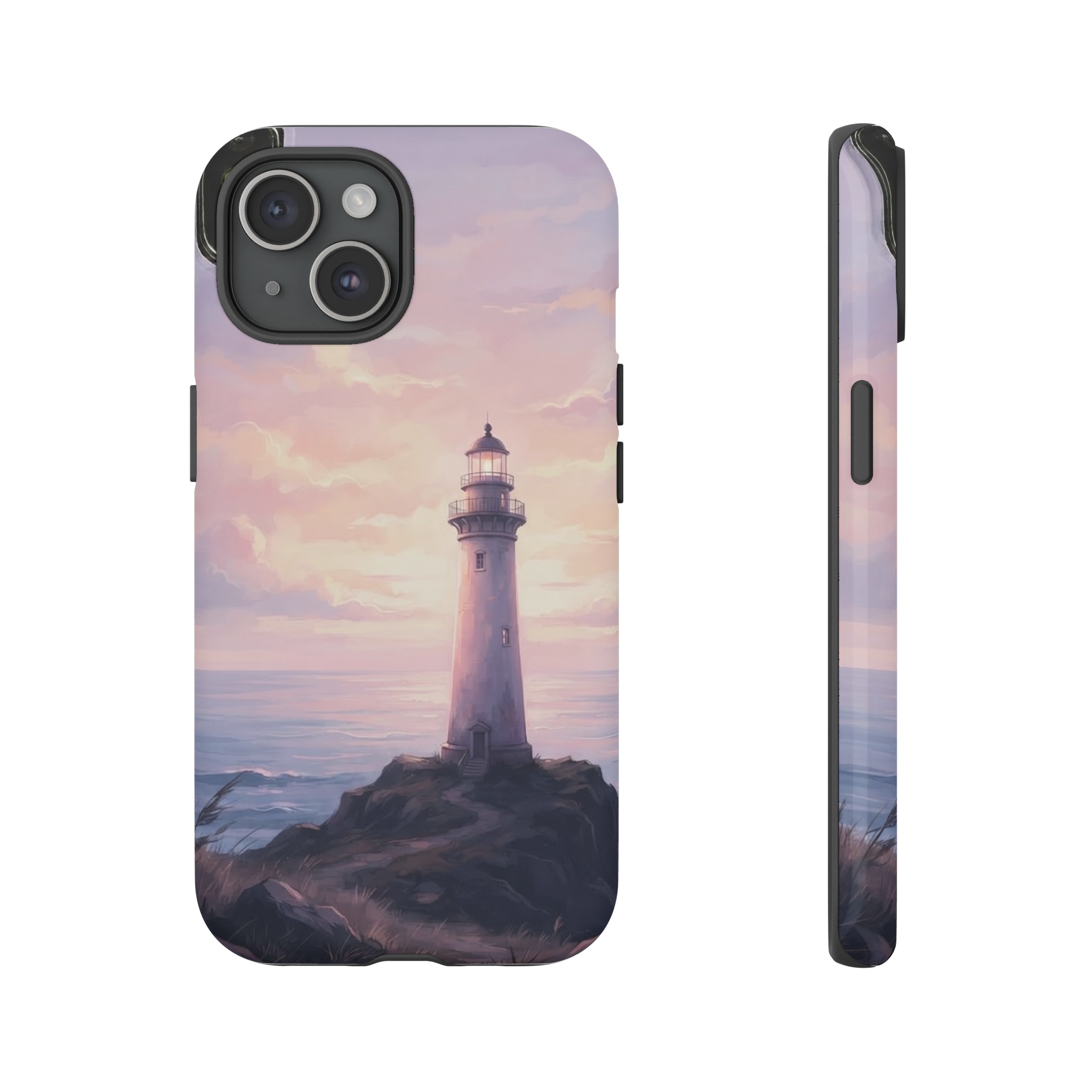 A lone, wind‑blown lighthouse stands silhouetted against a pastel sunrise, its smooth stone rendered in soft pinks, lavenders and golden light, with the glowing sky and calm sea spilling into expansive negative space behind it.