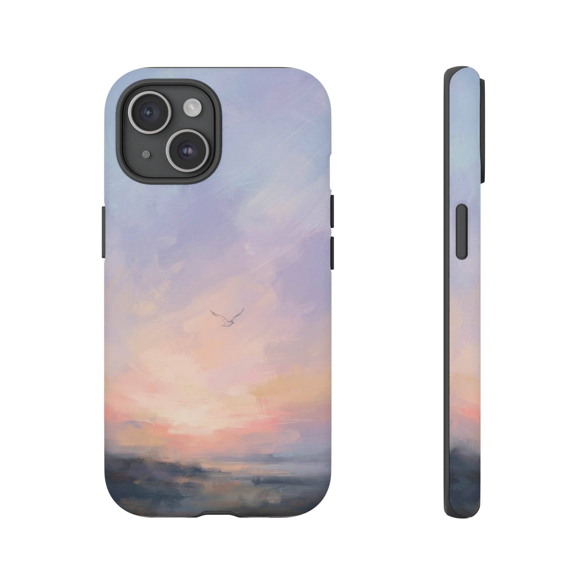 A soft pastel sunrise rendered in loose impressionist strokes, where a glowing horizon of pink, peach, and lavender melts into hazy blue skies, with gentle swirls of light and a solitary, lightly outlined bird silhouette as the only recognizable anchor.
