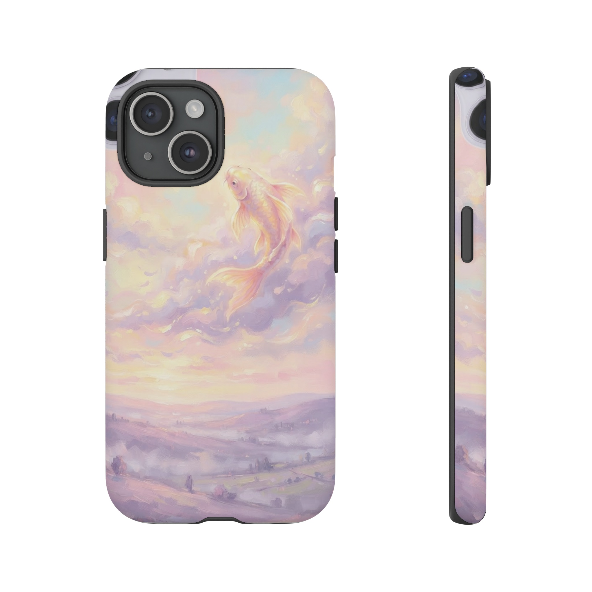 A pastel sunrise melts like butter across a sky of soft pinks and blues, where the sun is a shy, glowing koi fish swimming upward through clouds of whispered lavender, its rippling light scattering impressionist brushstrokes that glide like gentle waves over a tranquil sea of muted lavender hills.