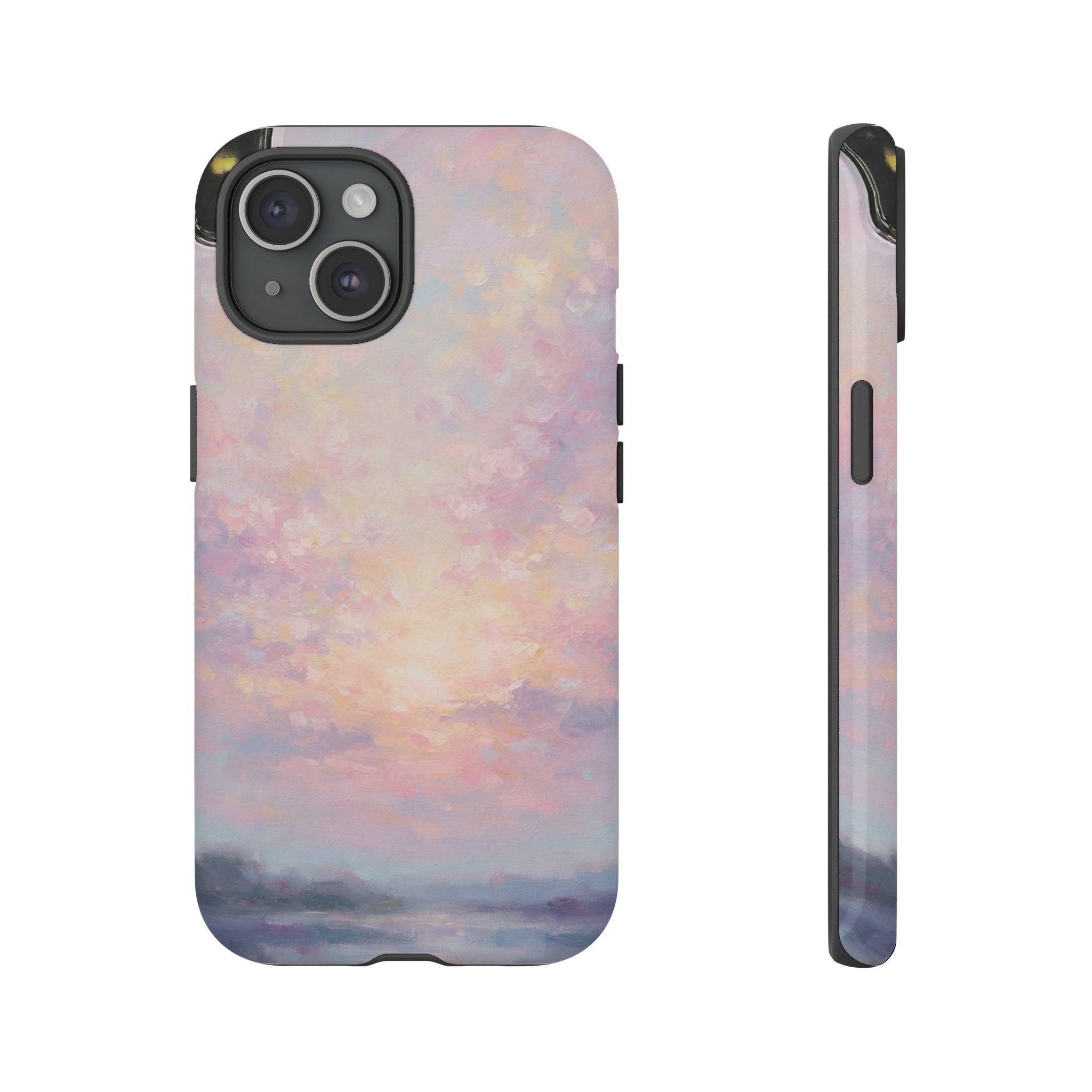 A luminous pastel sunrise rendered in soft, dappled Monet‑style brushstrokes, with gentle hues of blush pink, lavender, and pale gold swirling over a hint of a distant horizon line that anchors the ethereal sky.