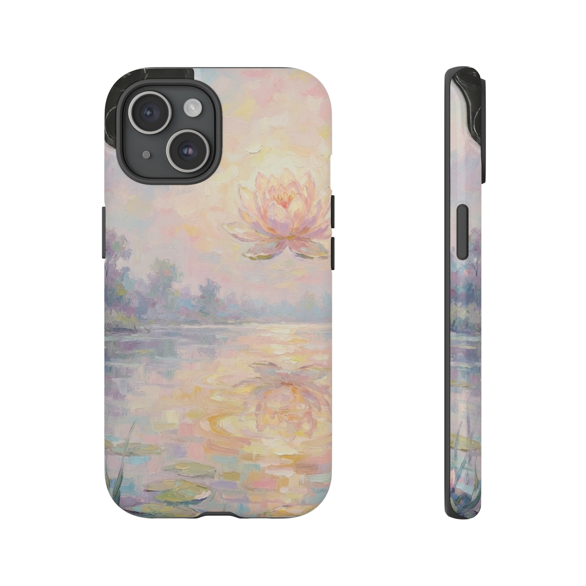 A pastel sunrise swirls like soft honey across a tranquil lake, the light rendered in Monet’s loose impressionist brushstrokes, while the sun itself blooms into a delicate, floating lily that gently unfurls its petals into the sky, casting a luminous, dream‑like glow over the scene.