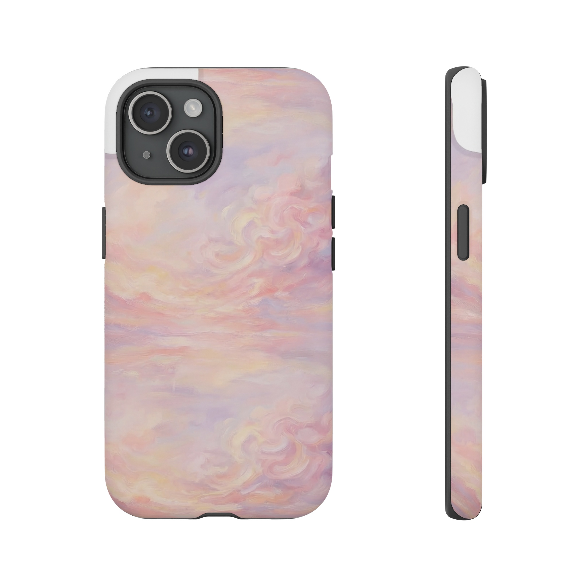 A seamless all‑over pattern of gently swirling pastel sunrise motifs—soft pinks, lilacs, and peach hues rendered in loose, Monet‑style brushstrokes that blend into each other, creating a continuous dreamscape of light and atmosphere across the entire surface.