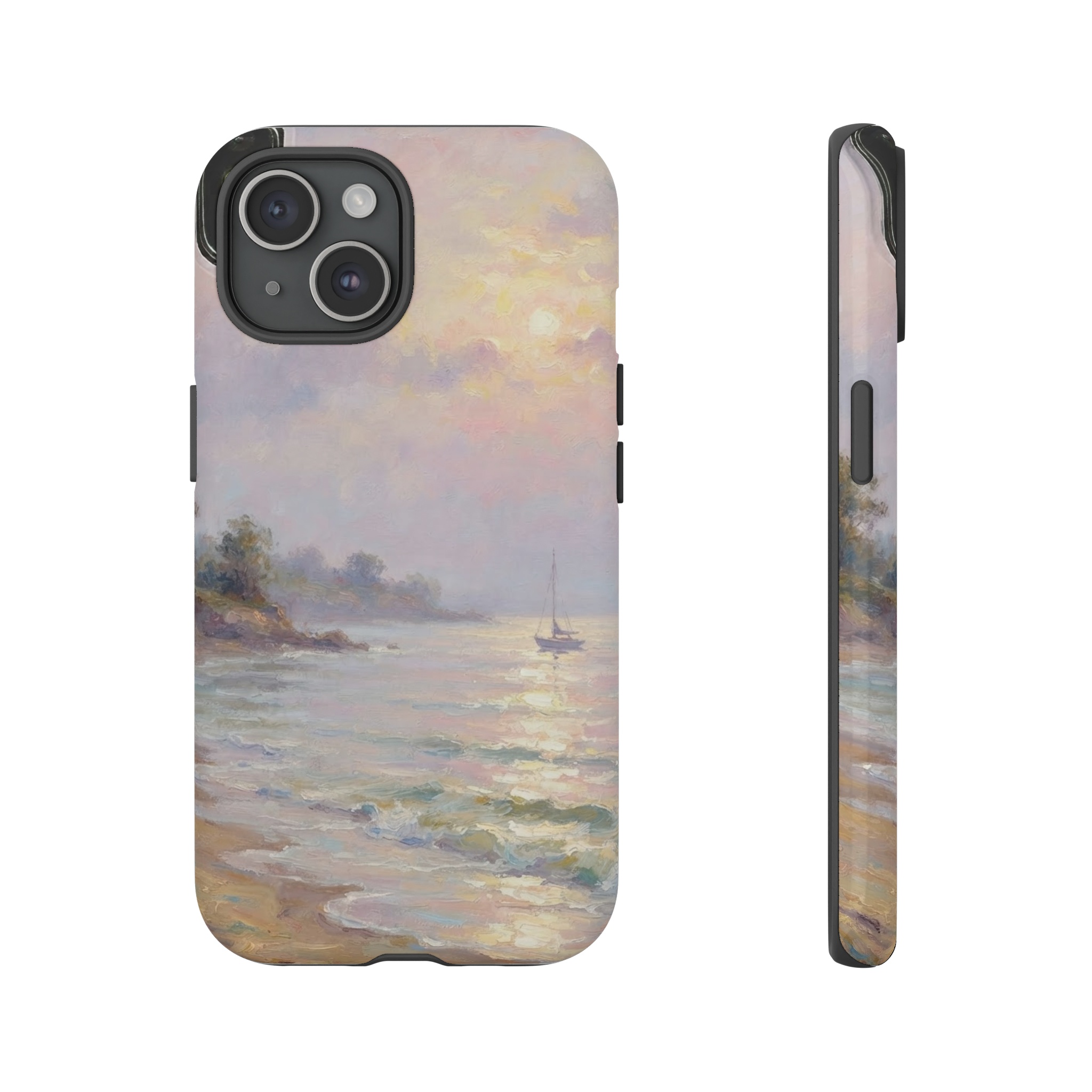 A misty shoreline at dawn, where gentle waves kiss a sandbank beneath a sky washed in soft pink, lavender, and buttery gold, rendered in loose, shimmering brushstrokes that echo Monet's impressionist style, with the warm sunrise light glimmering on the water and a solitary sailboat drifting lazily in the distance.