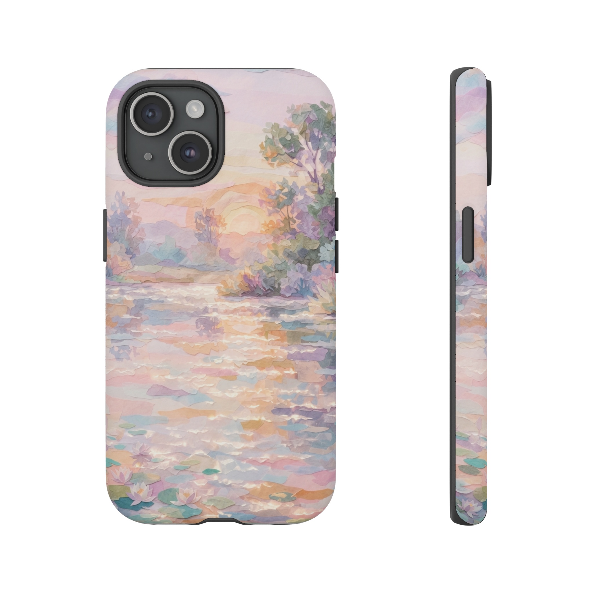 A sunrise over a tranquil pond rendered in soft pastel hues, created as a delicate cut-paper collage where translucent layers of pink, lavender and amber are hand‑cut and arranged to suggest Monet’s impressionist brushstrokes, with gentle light glimmering across the water as the paper edges ripple like luminous mist.