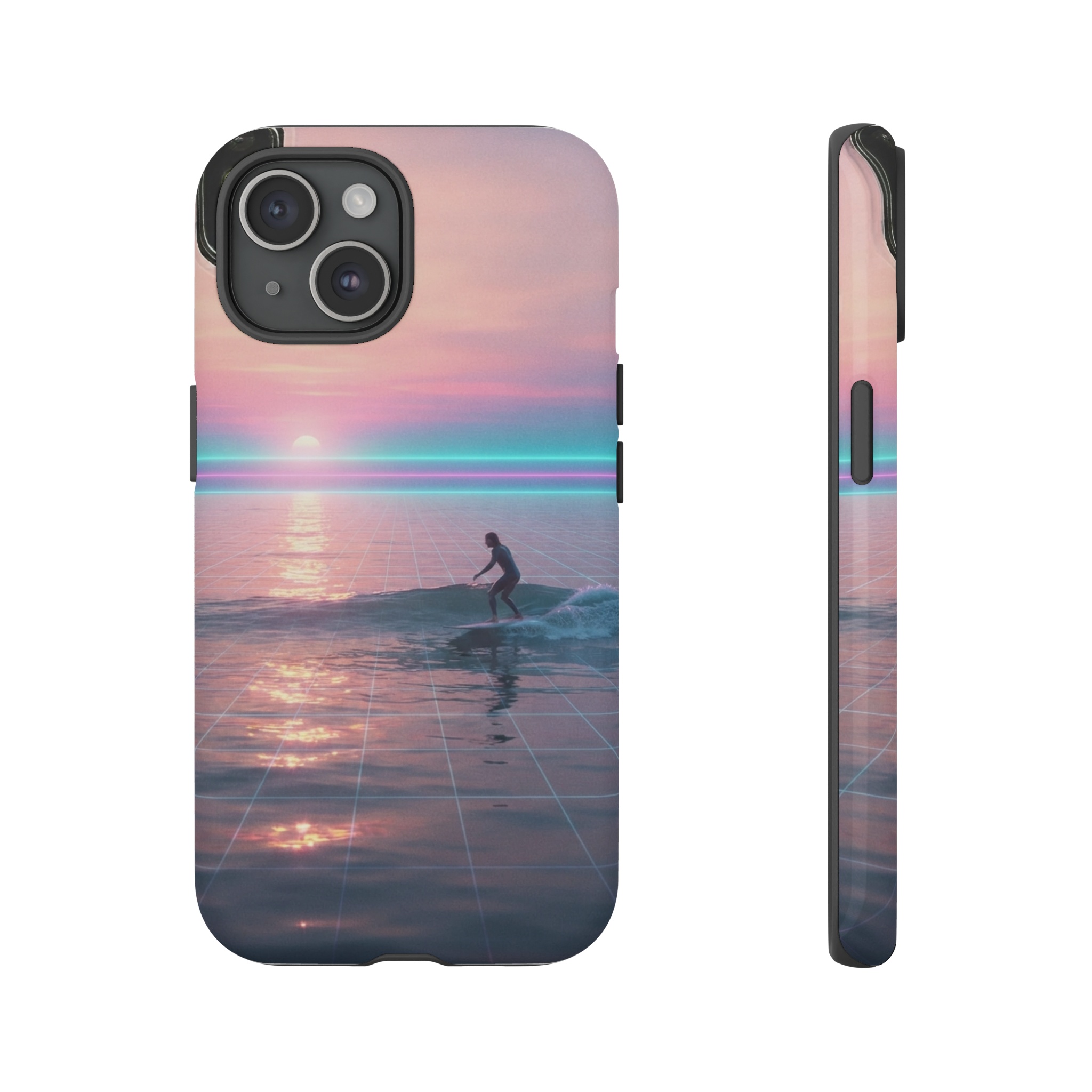 A lone surfer on a glassy ocean at dawn, the sky awash in soft pastel pinks and peaches that melt into a vaporwave horizon of electric teal and magenta neon bands, the low sun reflecting glittering ribbons of light across the water while a faint grid of glowing lines stretches toward the horizon, casting a dreamy, otherworldly glow over the quiet scene.