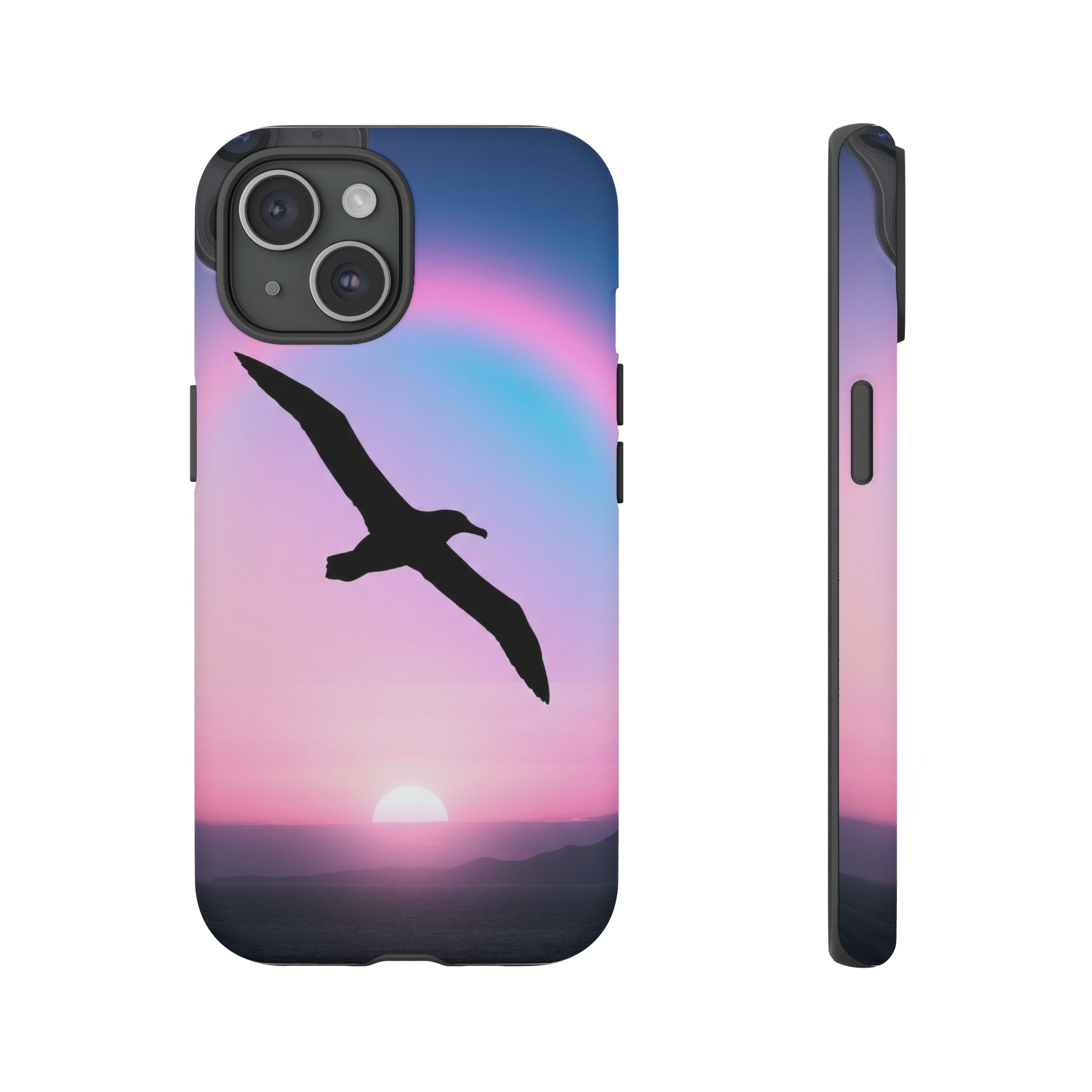 A sleek, black silhouette of a soaring albatross against a horizon where soft pastel pink and lavender sunrise gradients melt into a neon‑pink and electric‑blue vaporwave glow, the low sun a glowing disc that casts a luminous halo across the sky, with clean negative space framing the bird’s wings.