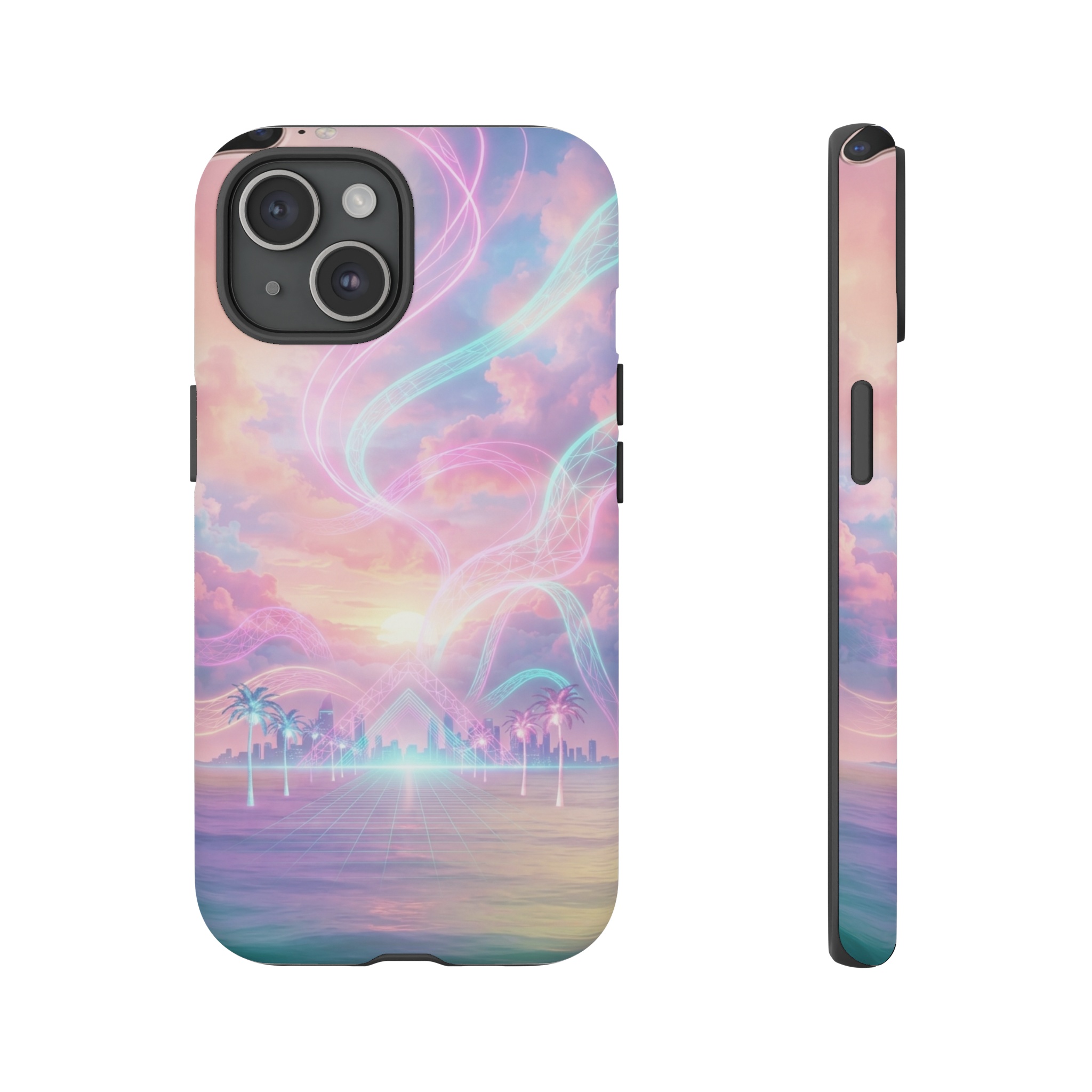 A pastel sunrise melts like a swirling scoop of cotton‑candy clouds, while neon pink and electric teal vaporwave ribbons rise from the horizon, casting a glowing, low‑poly glow over a serene sea of soft gradients.