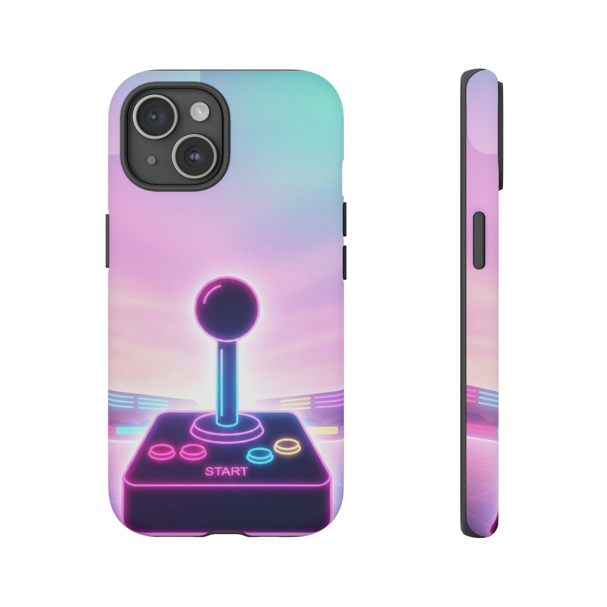 A neon‑glowing arcade joystick silhouette stands against an ultra‑bright pastel sunrise, where bands of pink, lavender, and teal gradient upward while retro arcade light strips frame the horizon with a soft, radiant glow.