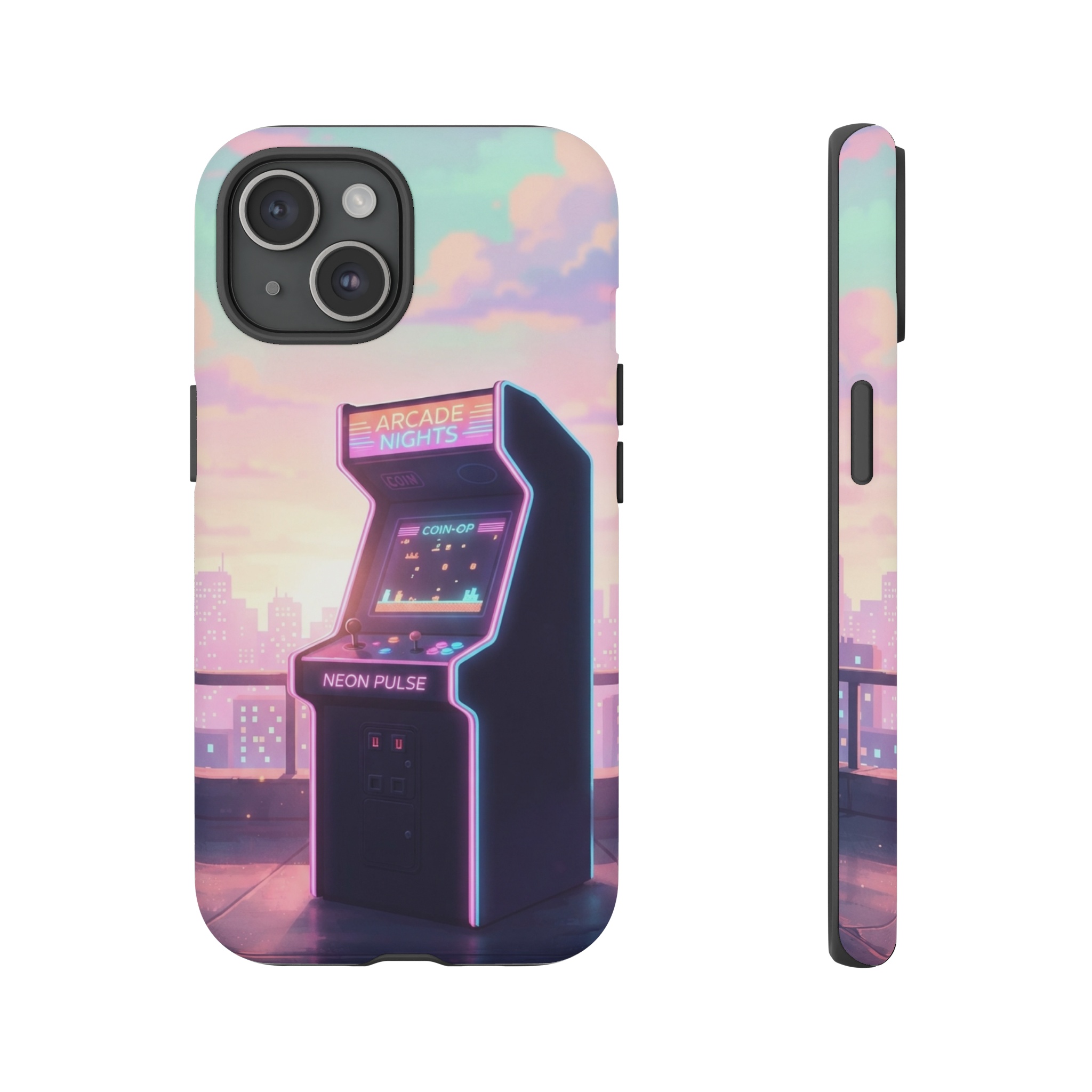 A neon‑glow arcade cabinet silhouetted against an ultra‑bright pastel sunrise, where pink, mint and lavender skies spill over pixel‑styled horizon lights, casting a soft, radiant glow onto the retro joystick and surrounding arcade floor.