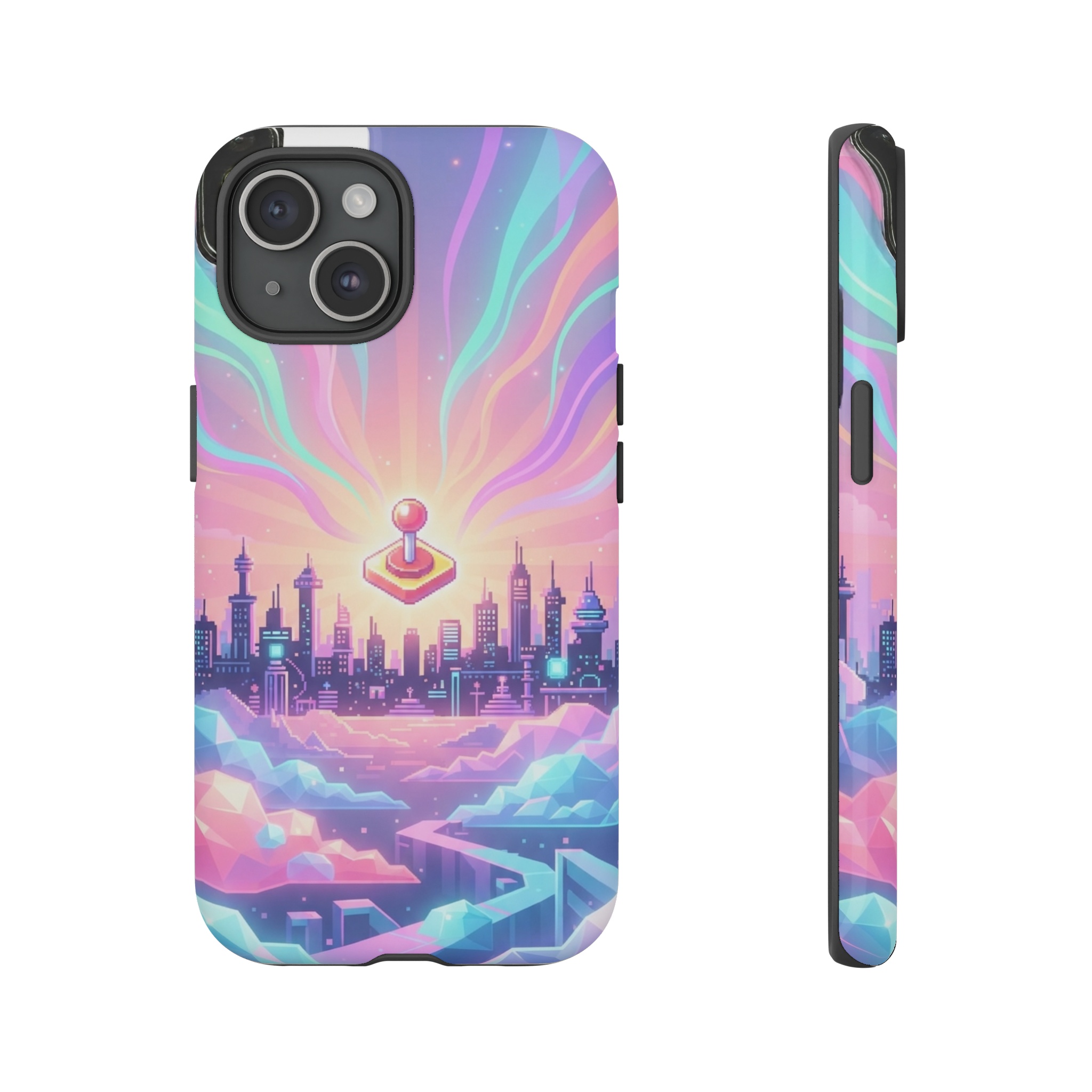 A pastel sunrise erupts like the neon glow of an 80s arcade cabinet, ribbons of pink, teal and electric lavender spilling upward from a towering pixel‑styled horizon, while the sun itself is a glowing joystick button, casting soft, radiant light over a low‑poly landscape of glowing, retro‑styled clouds.