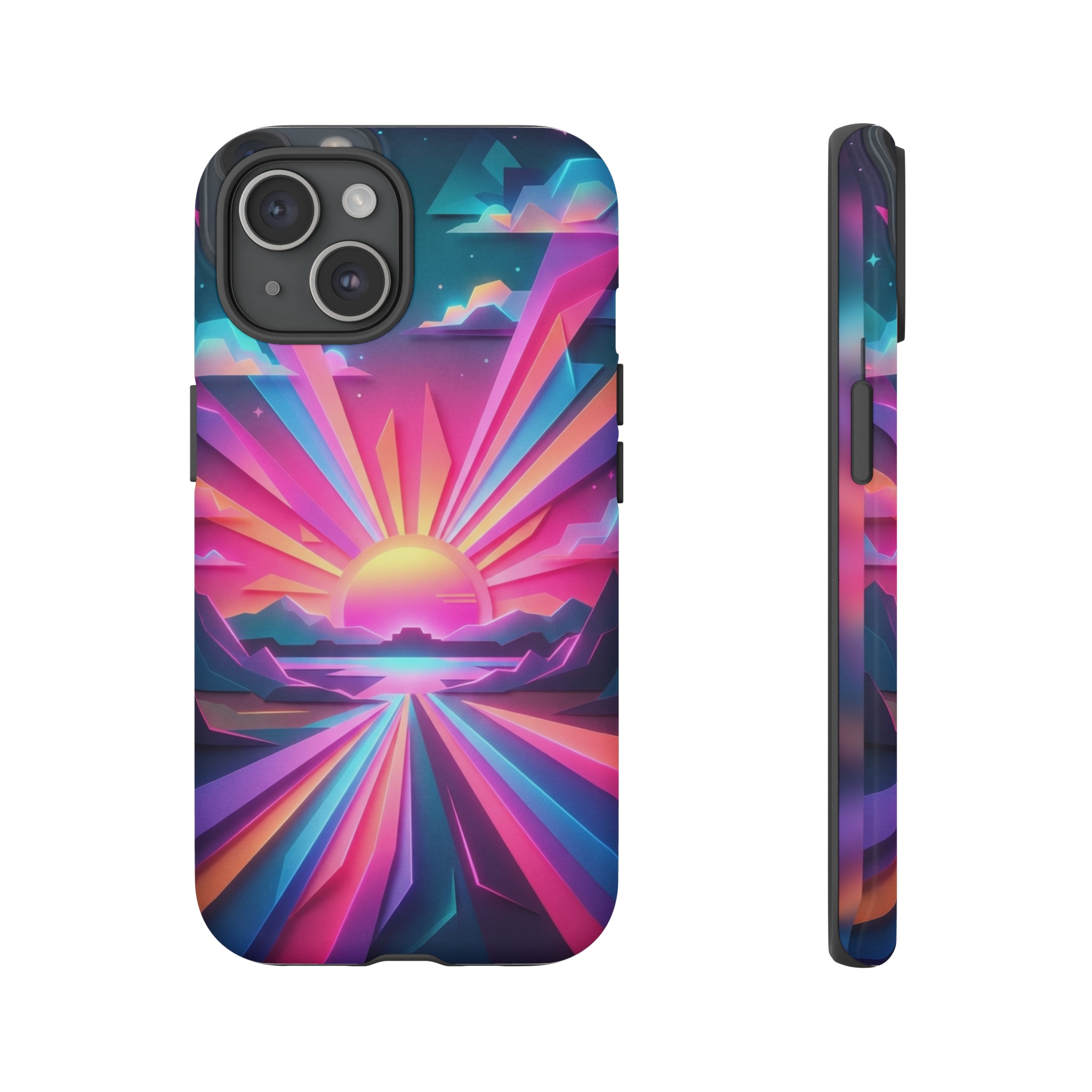 A cut‑paper mural of a sunrise rendered in ultra‑bright pastel gradients, its rays sliced into geometric layers that glow with neon‑gel ink mimicking 80s arcade lighting, casting a luminous, electric pink‑blue glow across the horizon.