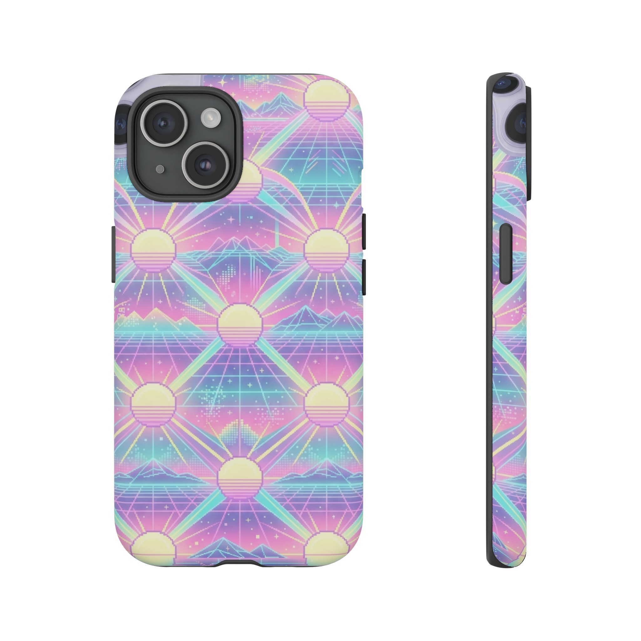 A seamless all‑over pattern of a sunrise rendered in ultra‑bright pastel hues—pink, lavender, teal and lemon—radiating like neon arcade strips, with stylized pixel‑like sunbeams and retro‑futuristic grid lines interlocking to form an endless, rhythmic tessellation of glowing horizon.