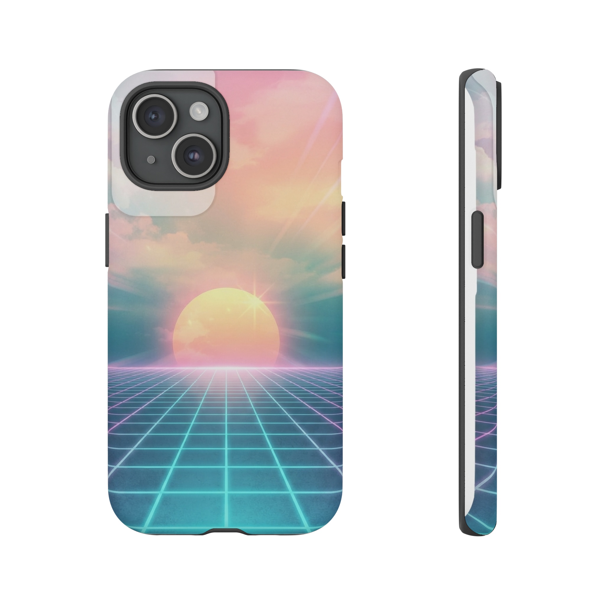 A radiant pastel sunrise blazes in pink, orange, and teal across the sky, while a glowing neon grid of 80s arcade style stretches toward the horizon, its electric turquoise and magenta lines converging on a luminous sun that serves as the singular anchor.