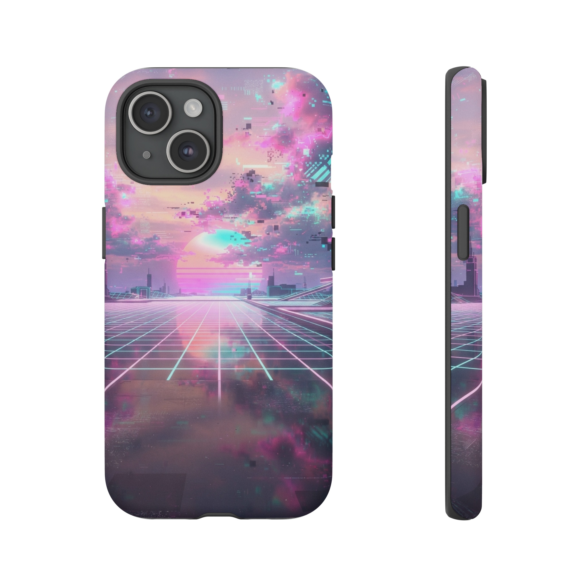 A stylized sunrise over a pastel grid horizon, with neon pink and turquoise clouds fractured by digital glitches and pixelated static, casting a soft, glowing light across a sleek, reflective surface.