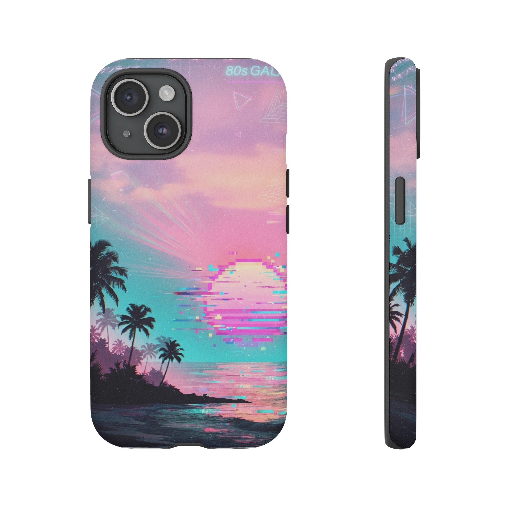 A sunrise blazes in pastel pink and teal, its sun pixelated and glitching into horizontal digital streaks, while a smooth gradient sky and stylized palm silhouettes flicker with a neon vaporwave haze.