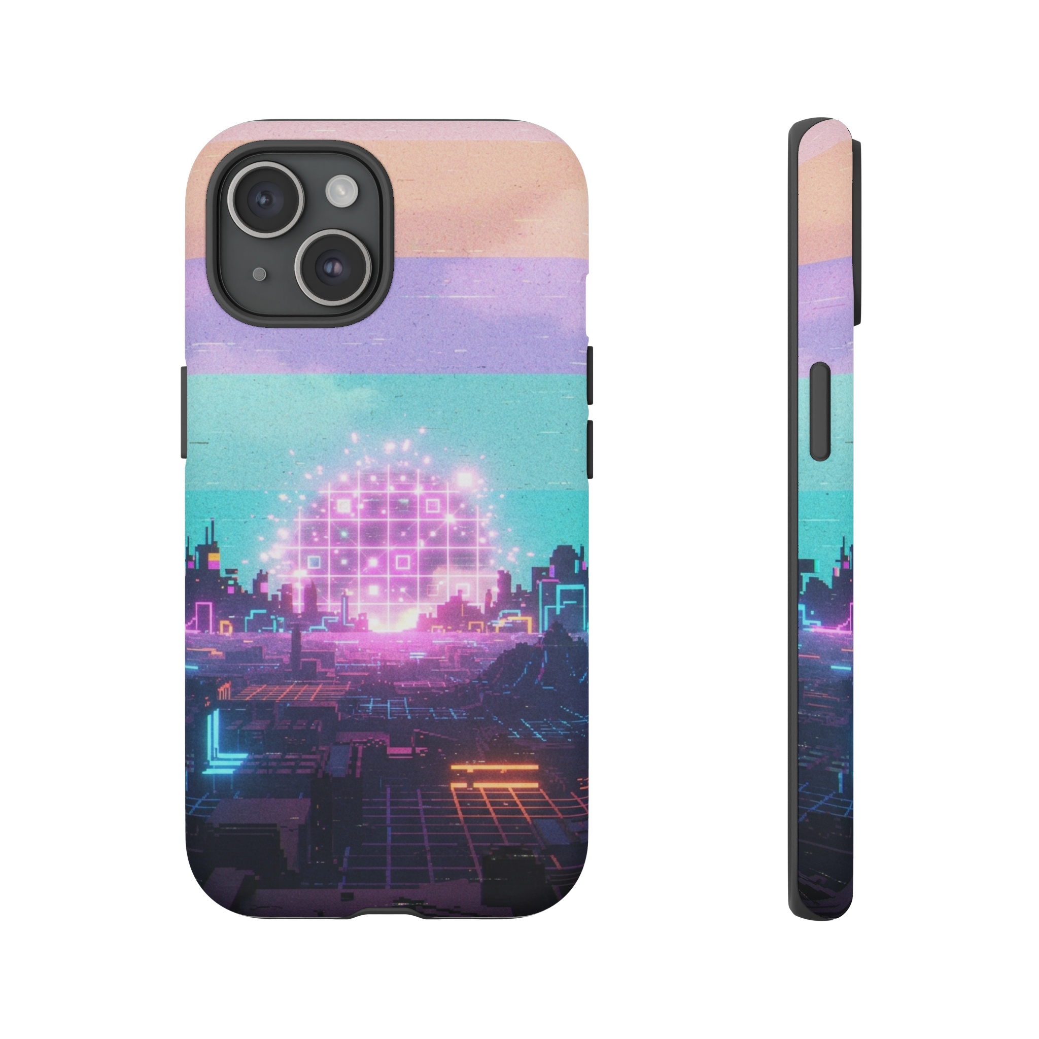 A sunrise glows pink and teal over a pixelated horizon, where the sun is rendered as a neon grid glitch and the sky is split into pastel bands with static noise overlay.