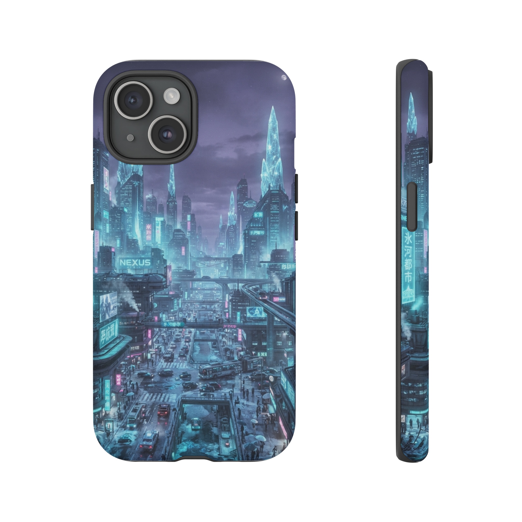A sprawling cyber‑city at night bathed in icy blue and turquoise neon, skyscrapers pierced by glowing ice‑shaped spires, streets slick with frozen rain reflecting a cold, electric glow, under a pale violet sky.