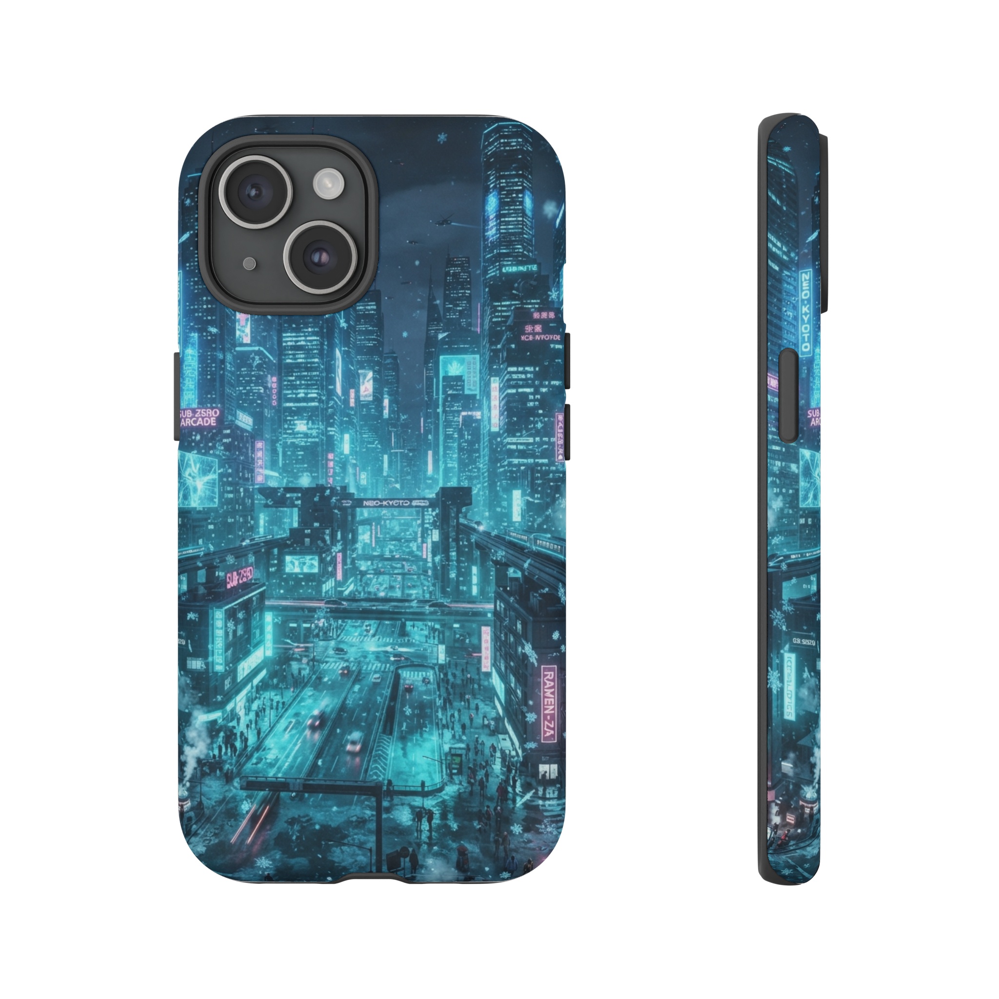 A sprawling cyber‑city at night, towering glass skyscrapers glittering with electric blue neon, streets awash in a frosty teal glow as shimmering ice crystals drift between shadowed alleys.