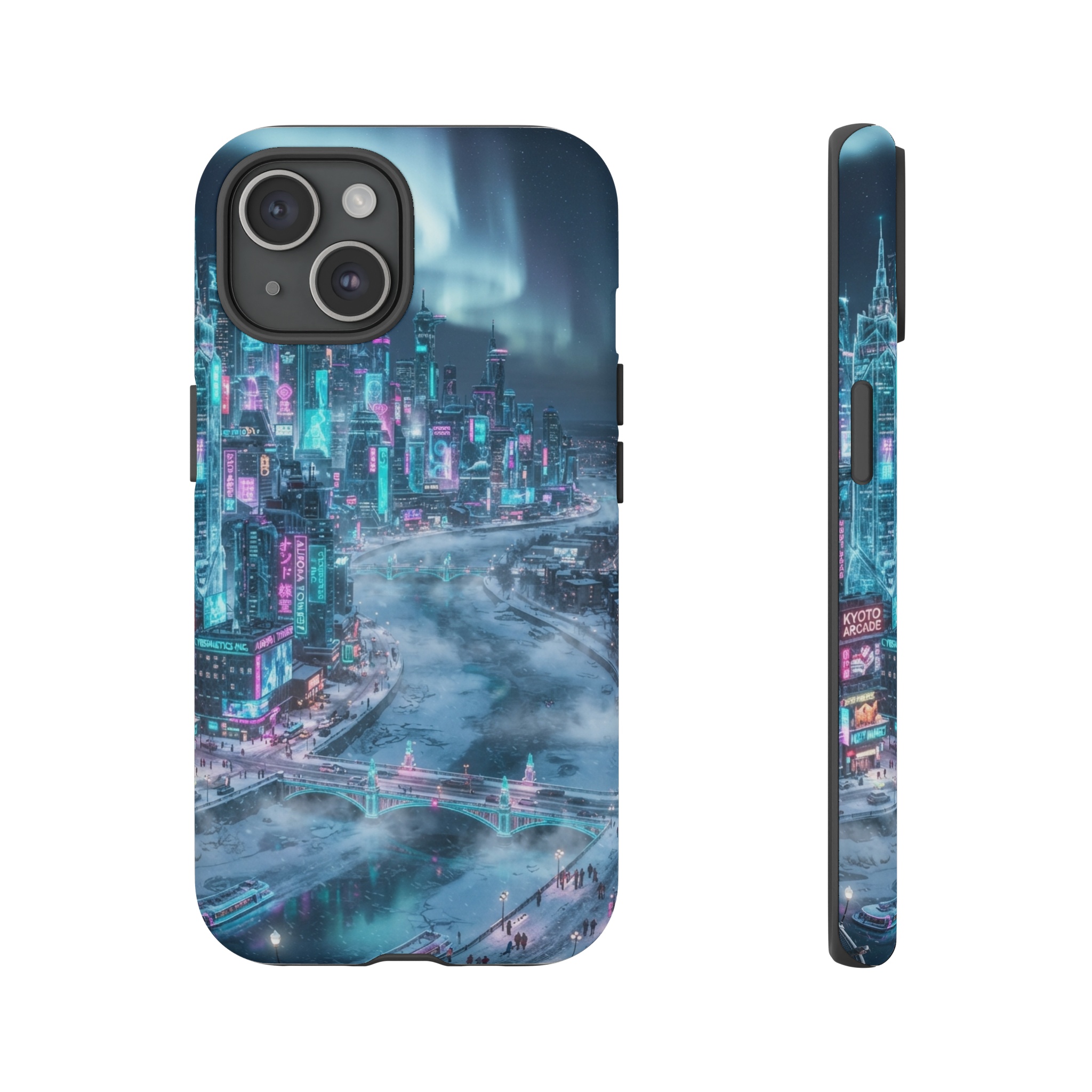 A sprawling frozen metropolis at night, towering skyscrapers glazed with icy crystal facades reflecting electric turquoise and magenta neon signs, while a pale blue aurora glows over a misty, snow‑strewn river that winds through the city.