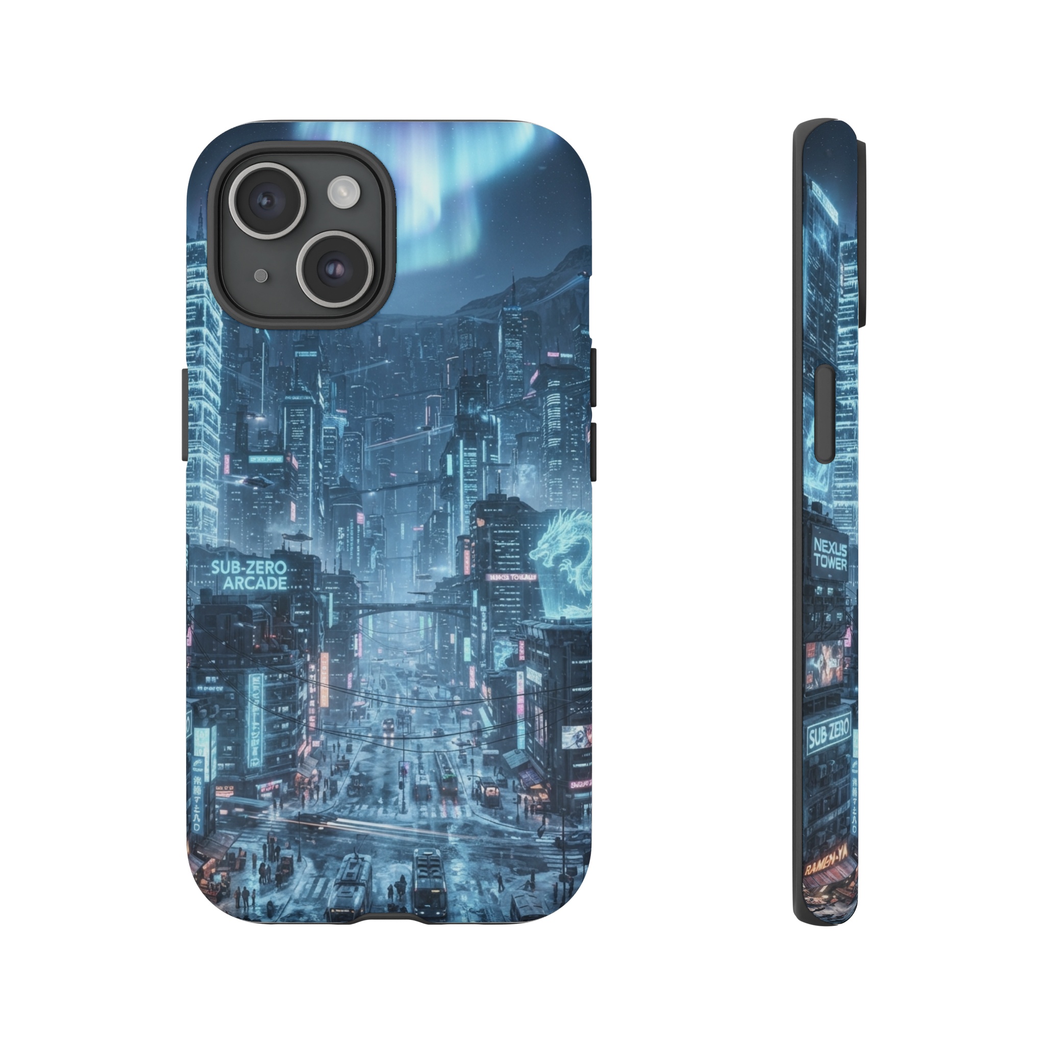 A sprawling cyber‑city at night, its skyscrapers sheathed in glowing blue‑white neon that ripples like frozen light, streets slick with reflective ice, and a pale aurora hovering above, casting a chill, luminous haze over the urban canyons.