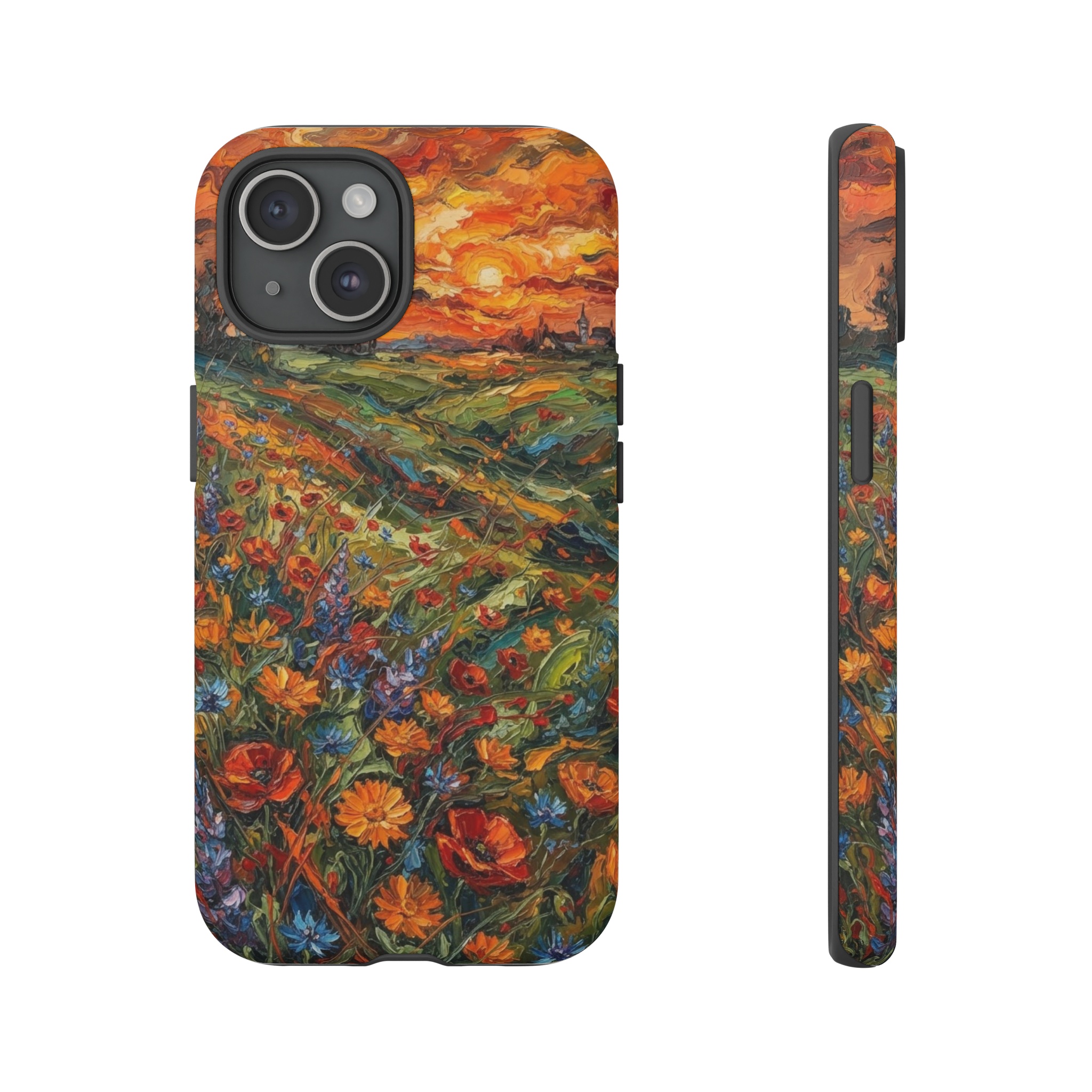 A vivid meadow of red, orange and blue flowers rendered with fierce, sweeping brushstrokes, the sky a blazing orange that spills into the lush green fields, all tangled in bold, uncontrolled color and thick paint.