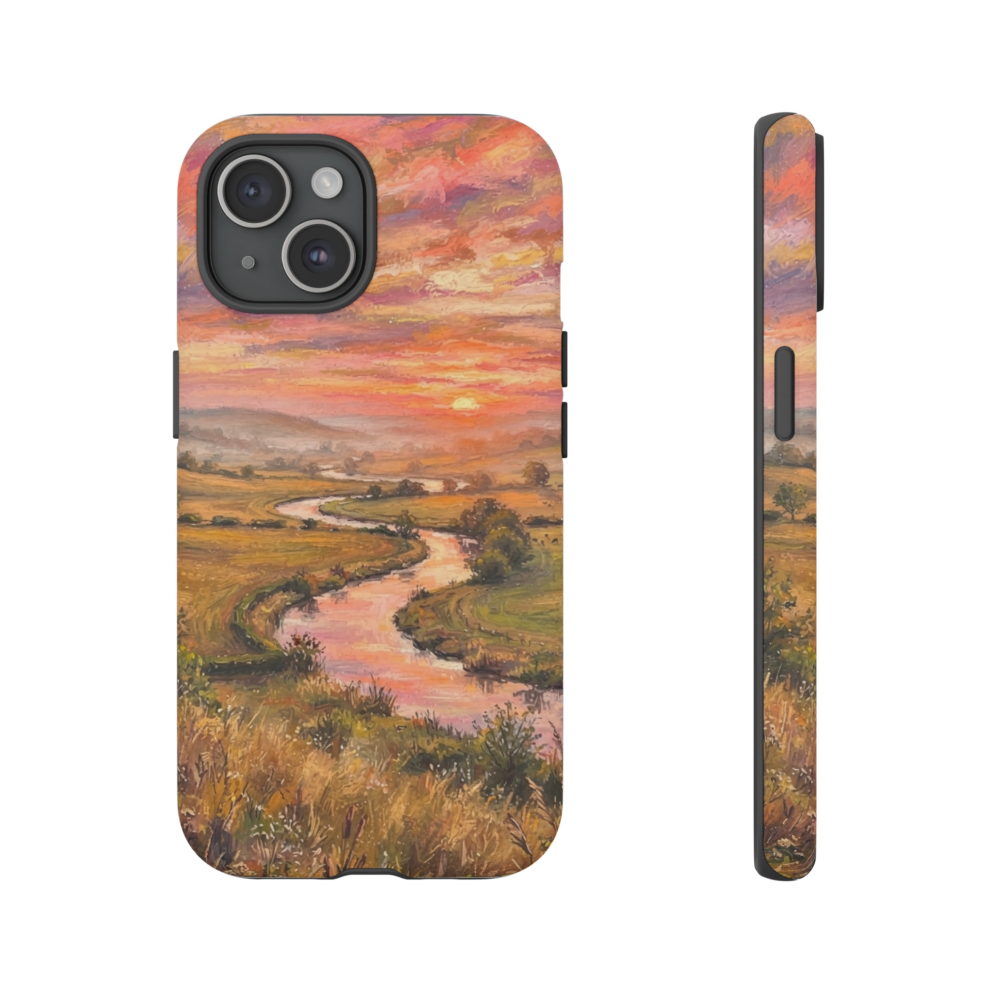 A sweeping lowland scene with a river winding through golden fields, the sky ablaze in layered pink and orange strokes of oil pastel, the warm light spilling across the misty horizon.