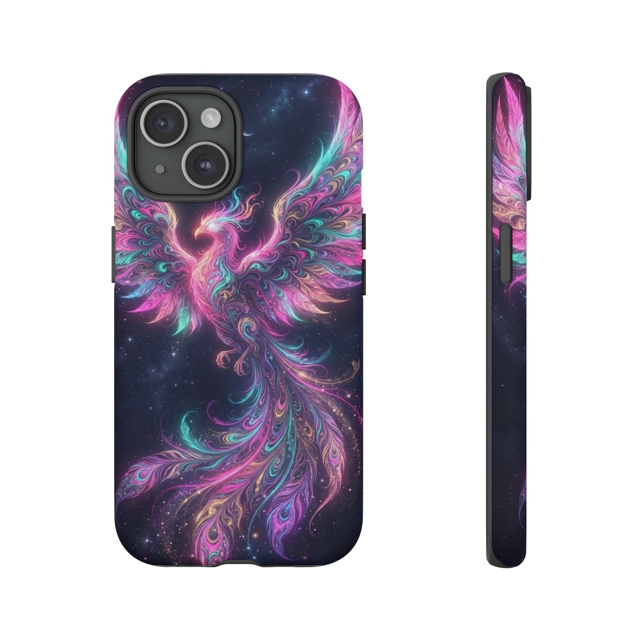 A vivid phoenix unfurls its wings in swirling marble‑like ebru patterns, its feathers rendered in neon gradients of electric pink, teal, and violet that glow against a deep midnight backdrop.