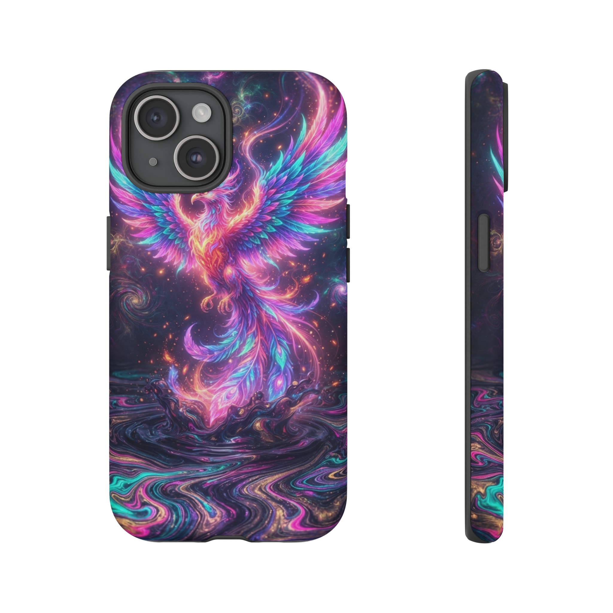 A vivid phoenix rises from swirling marbled inks, its feathers rendered in electric neon gradients of pink, teal, and violet, set against a dark, rippled backdrop that glows with luminous, psychedelic swirls.