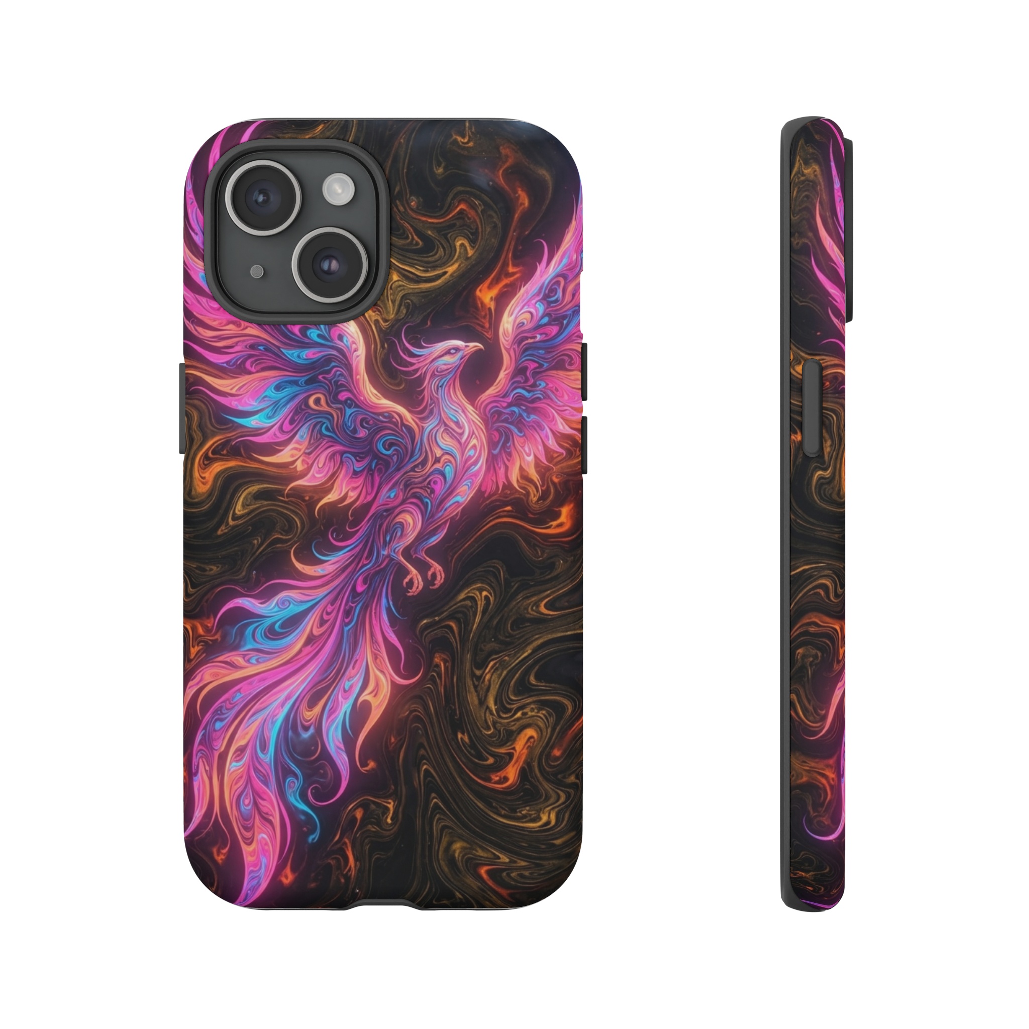 A soaring phoenix rendered in fluid marbled patterns, its wings and tail swirling with vivid neon pink, electric blue, and glowing orange gradients, set against a dark, glossy background where the ebru ink ripples like liquid fire.