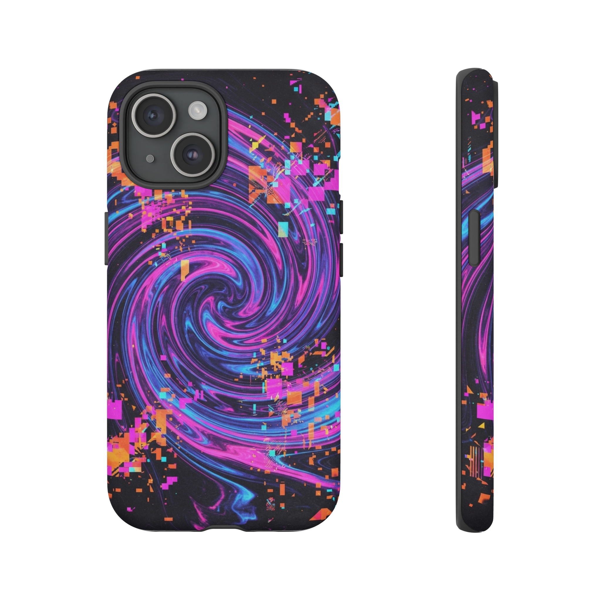 A swirling vortex of neon pink, electric blue, and ultraviolet marbled patterns ripples across a black surface, punctuated by sudden pixel‑like glitches of bright orange and magenta that fracture the flow like digital static.