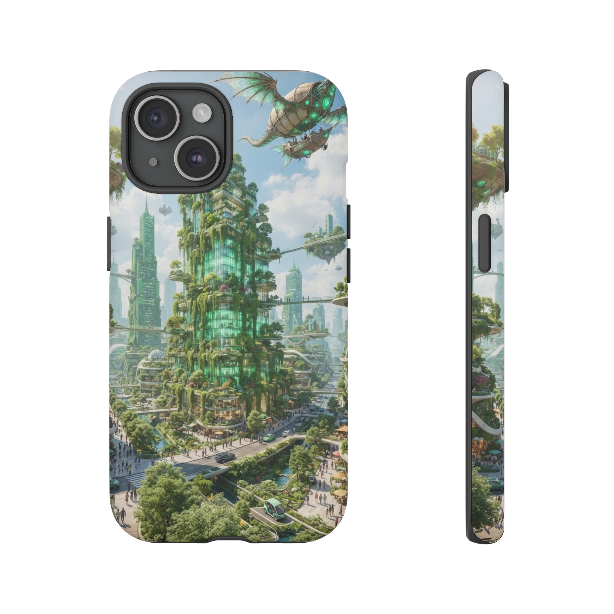 A sunlit, vine‑covered skyscraper rises among floating gardens, its glass walls glowing with emerald light, while a dragon‑shaped airship drifts above, casting soft shadows on the biodegradable streets below.
